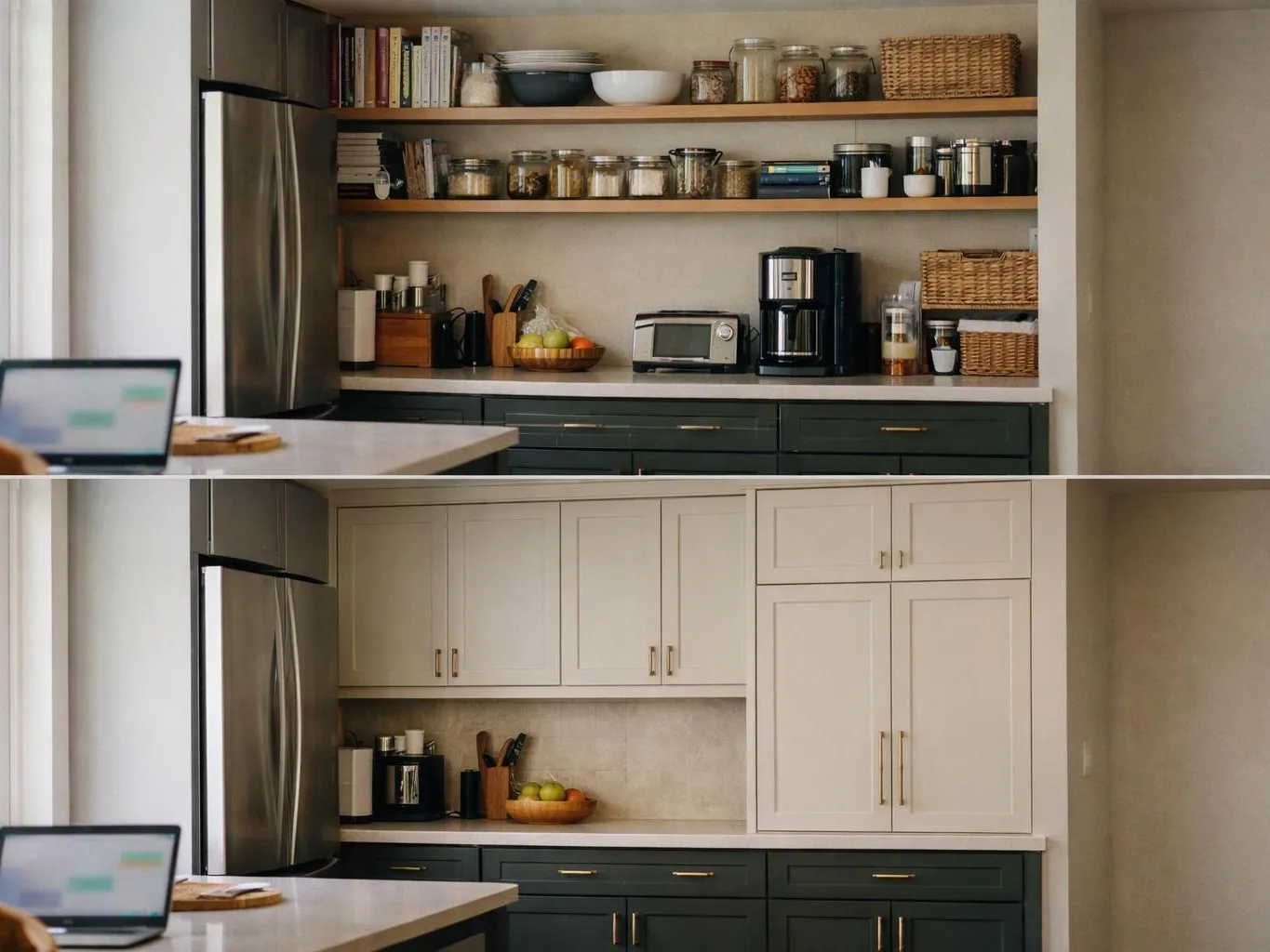 A split kitchen photo shows open shelves above a counter in the top half and closed cabinets in the bottom half