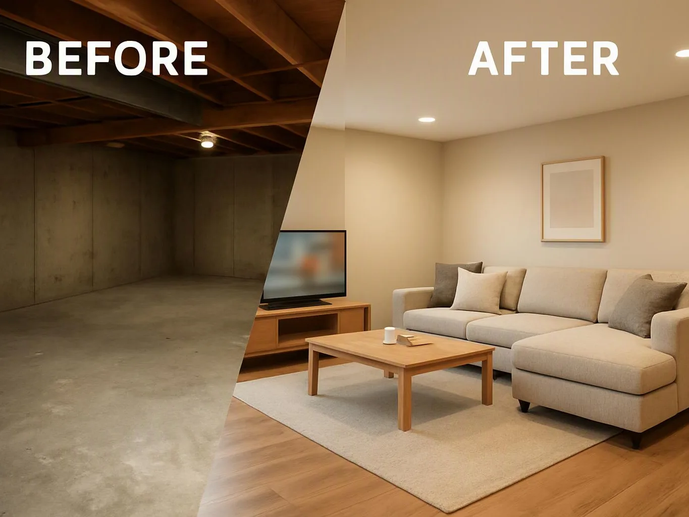 Split-screen basement shows a bare concrete room before and a furnished living room after