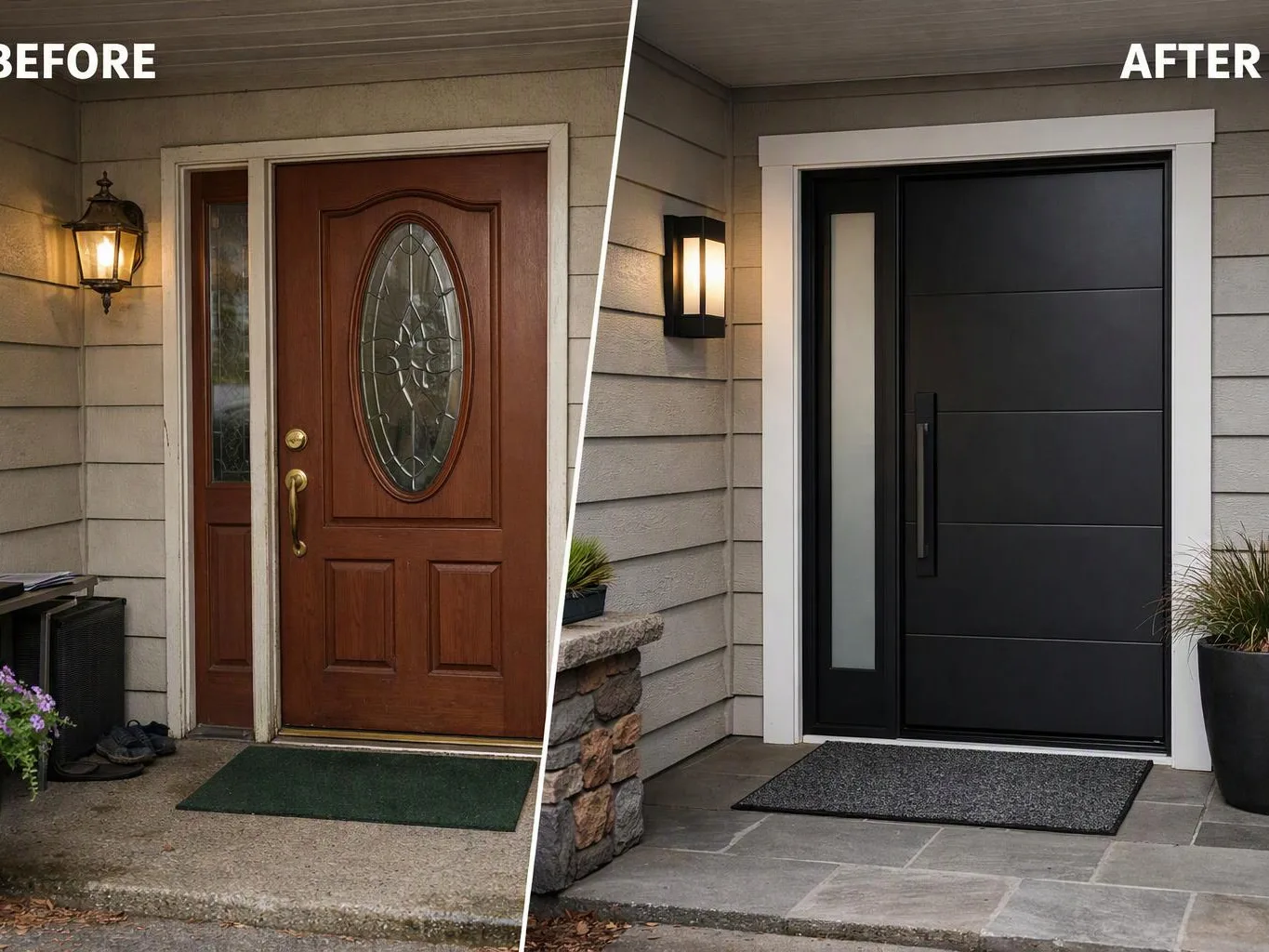 Split-screen shows a porch door before and after, changing from a wooden entry to a modern black door with white trim