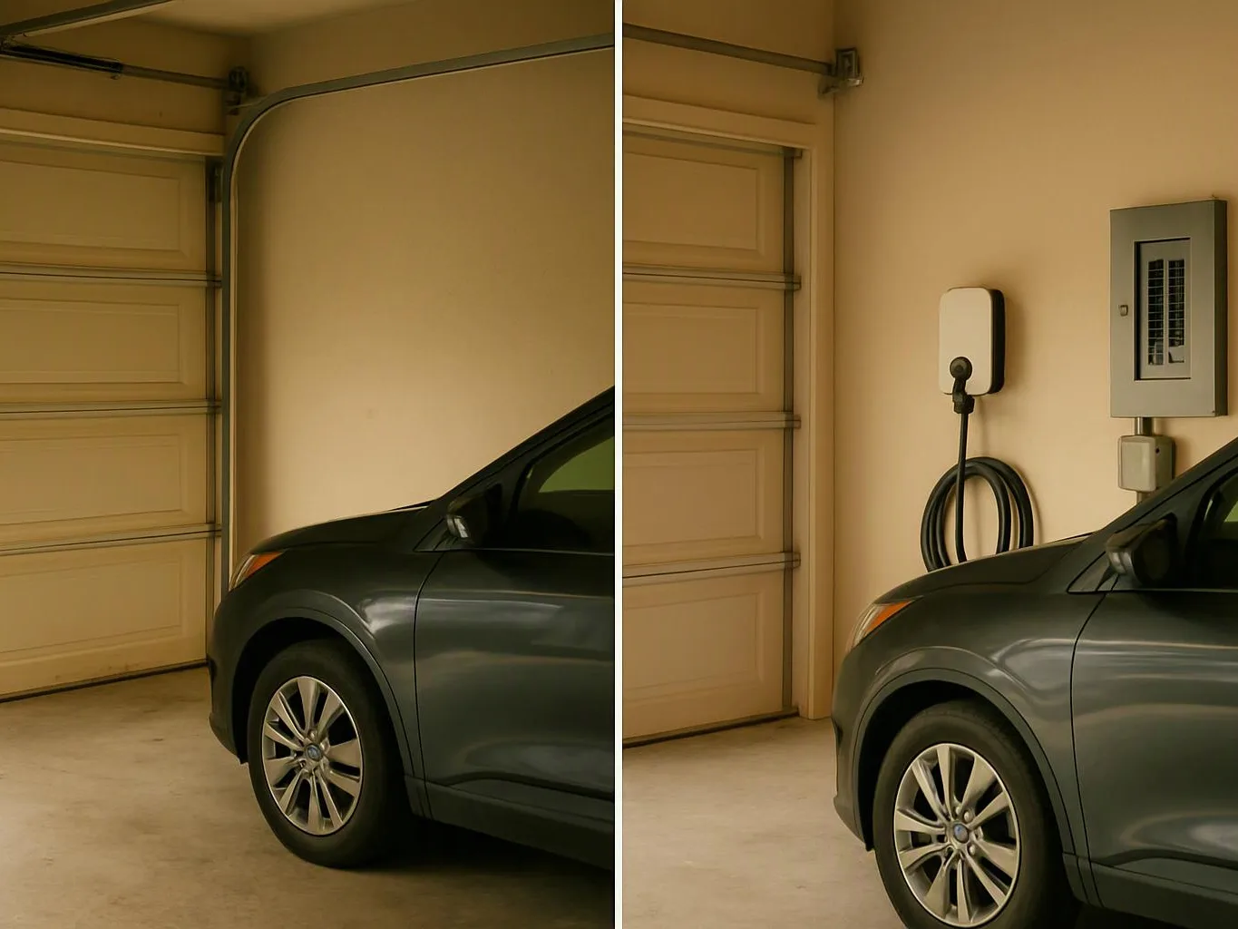 Split-view garage with a gray SUV parked beside a wall-mounted charging unit and electrical panel