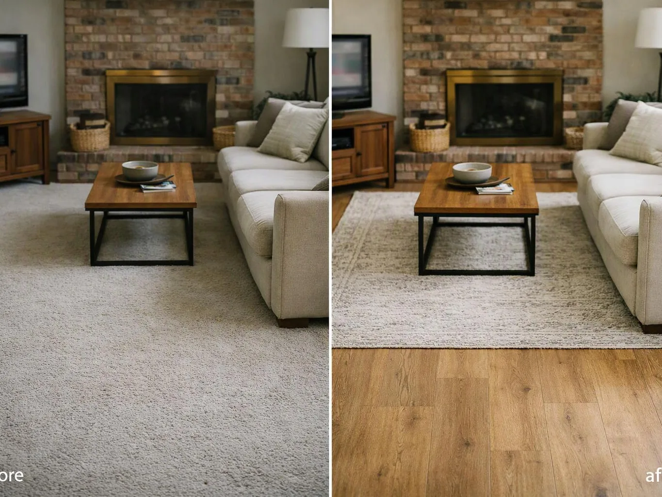 Split view of a living room, showing carpet on the left and wood flooring with a rug on the right