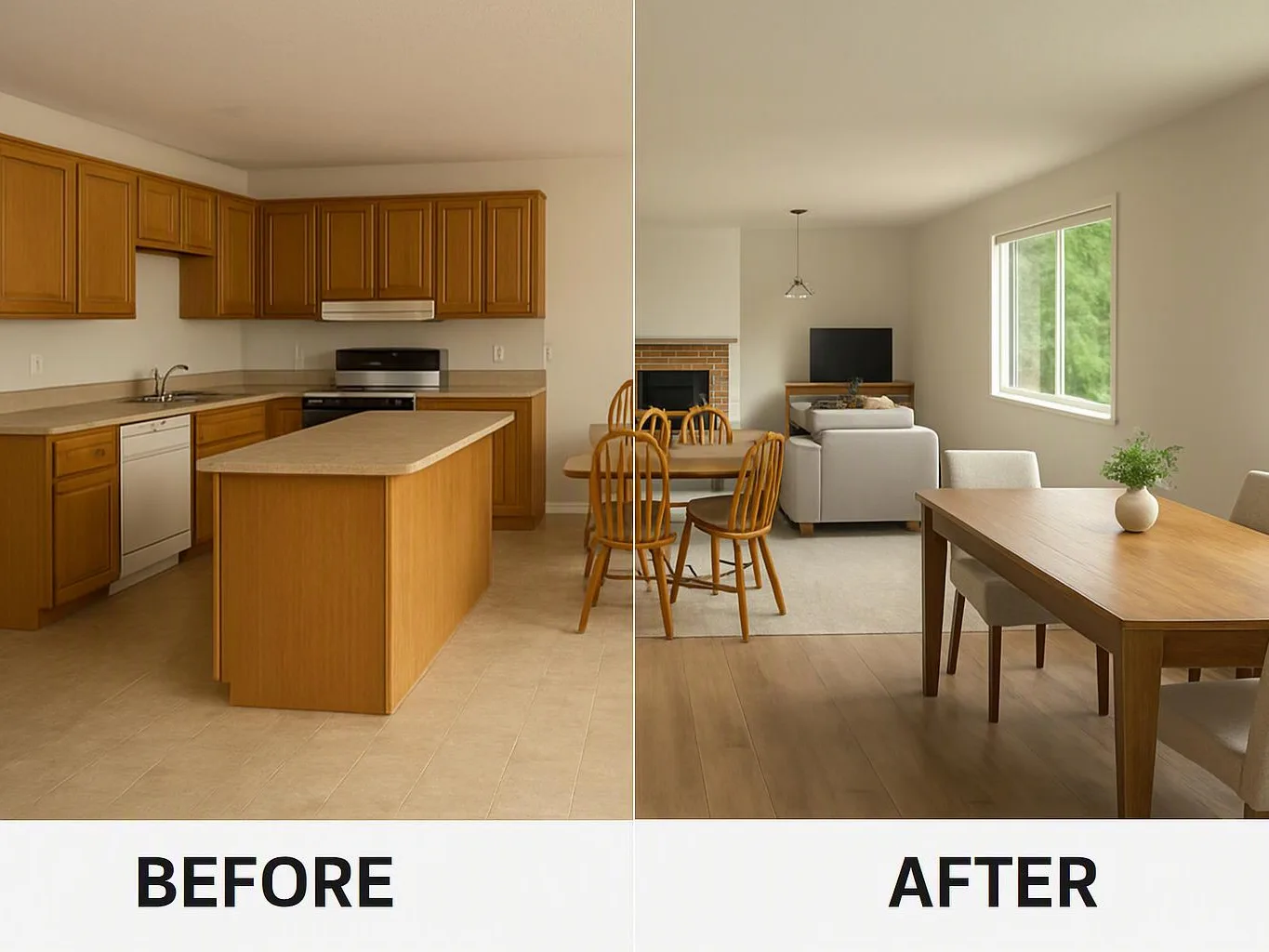 Split view shows an empty kitchen before and a furnished open-plan kitchen and living room after