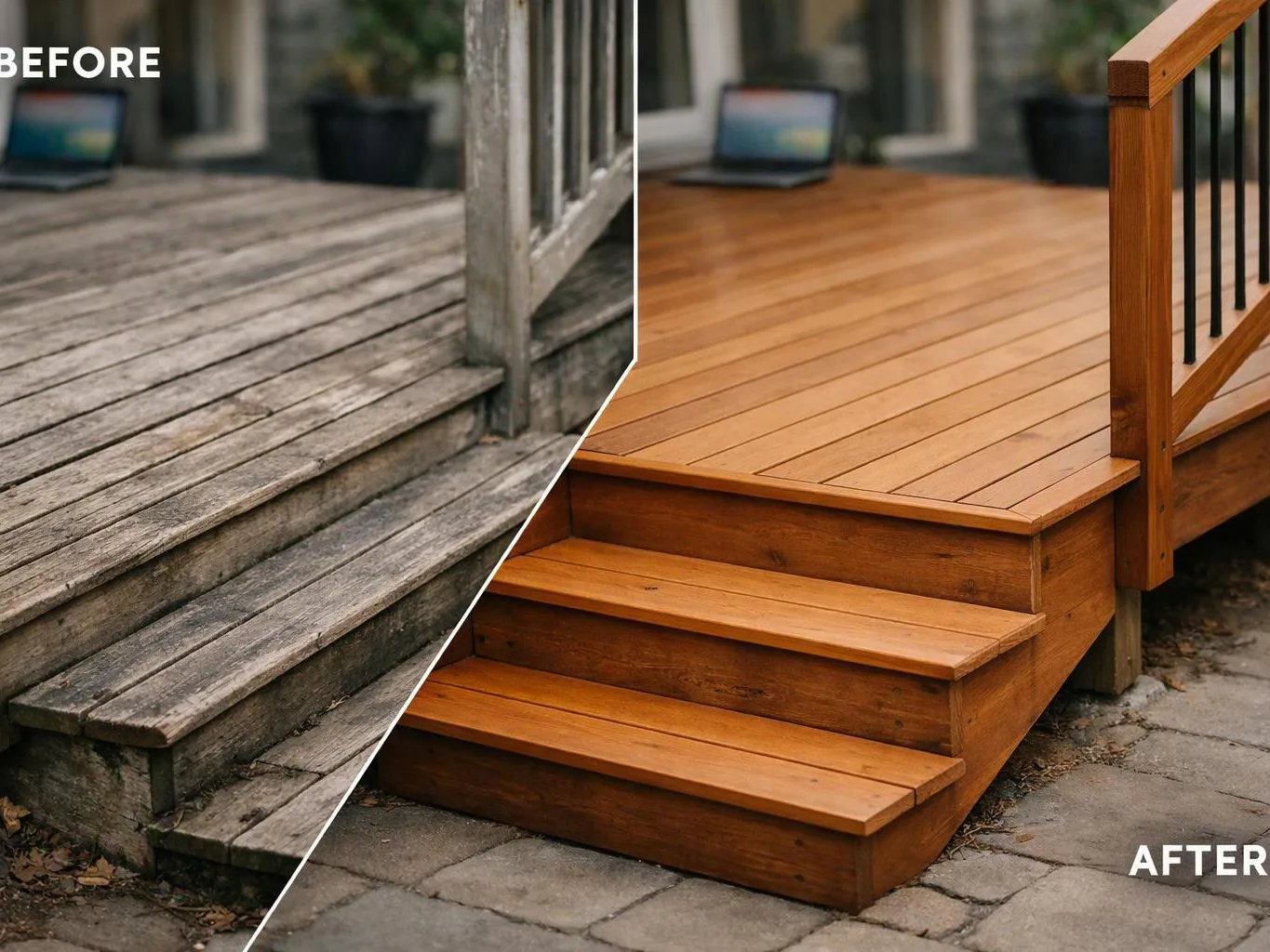 Split view of a weathered wooden deck before and a freshly rebuilt deck with steps after