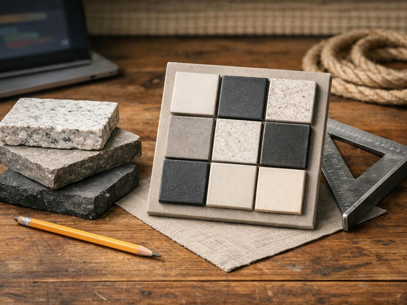 Stone samples, a tile swatch board, a pencil, and a metal square sit on a wooden worktable