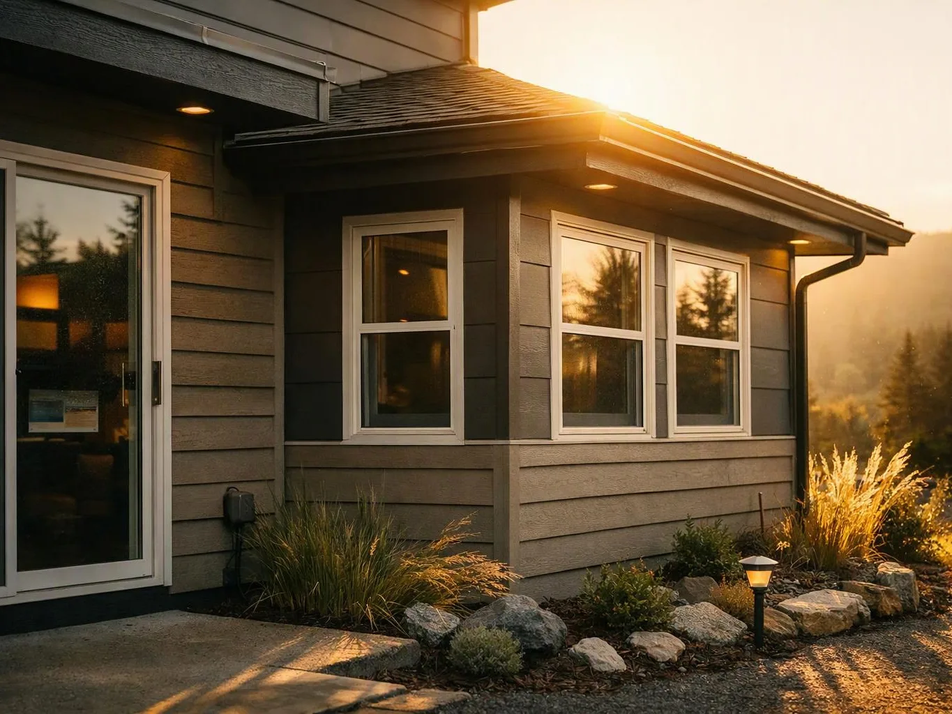 Sunlight warms a gray house exterior with windows, a glass door, and a rock-bordered garden path