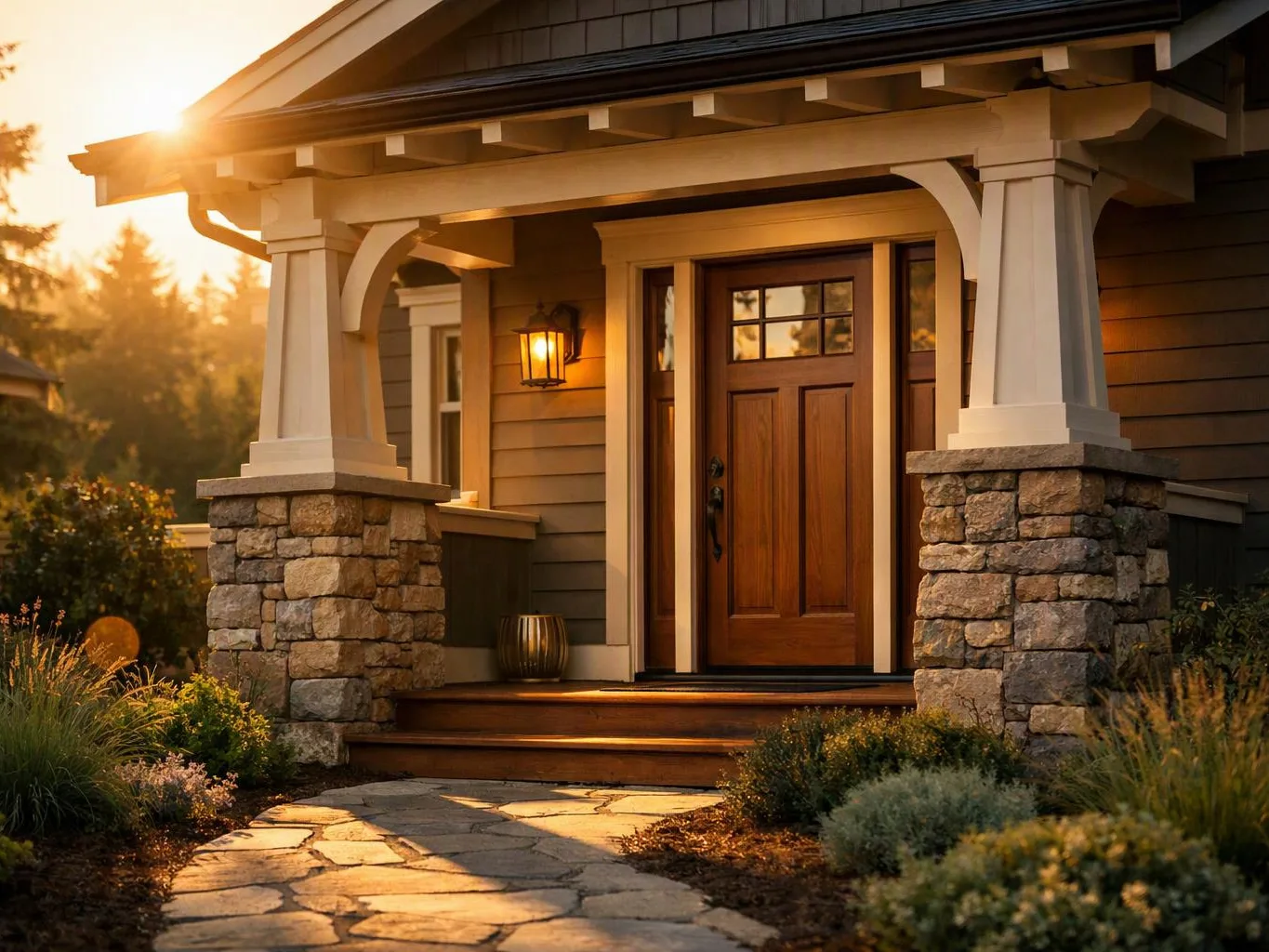 A sunlit front porch with stone columns, a wooden door, and a curved walkway leading through landscaped shrubs