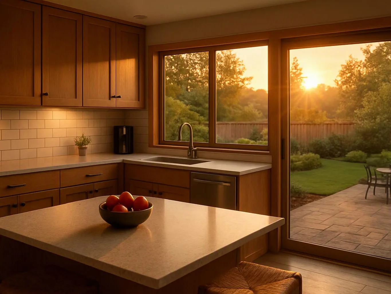Sunlit kitchen with wooden cabinets, a bowl of oranges on the island, and a view of a backyard through large windows
