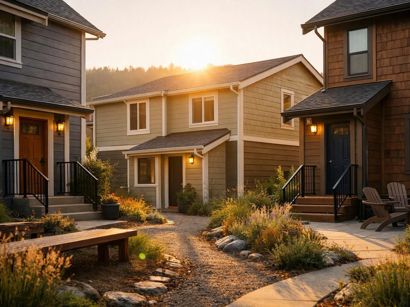 Sunlit row of small houses with lit porches, a gravel path, and landscaped plants at dusk