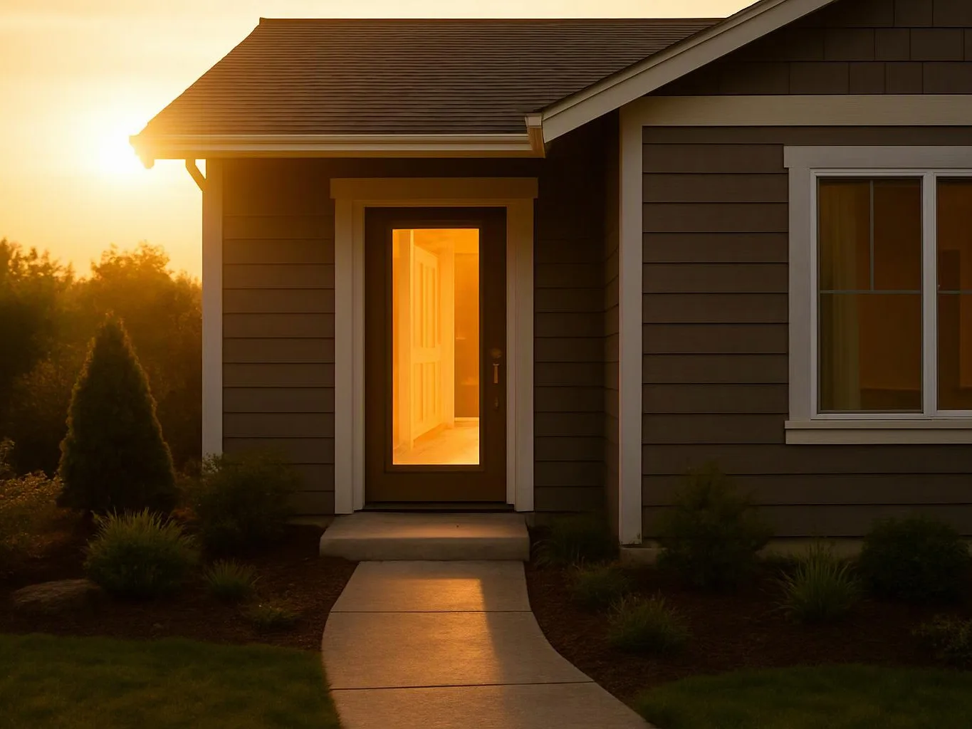 Sunset light glows through a front door of a modern house, with a walkway and window visible