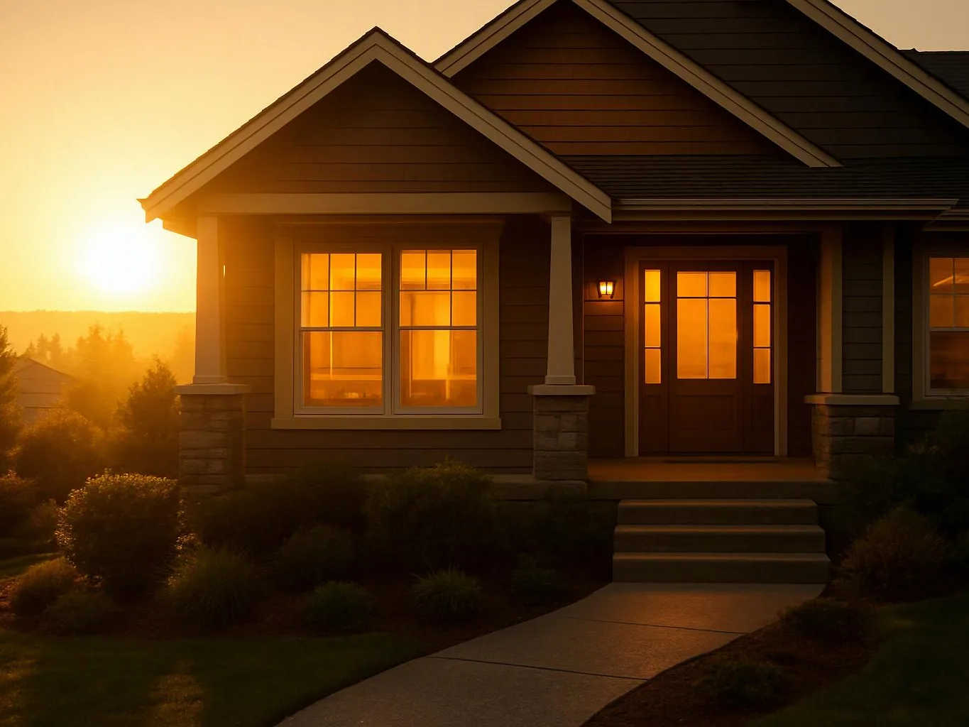Sunset light warms a house exterior with glowing windows, a front porch, and a curved walkway