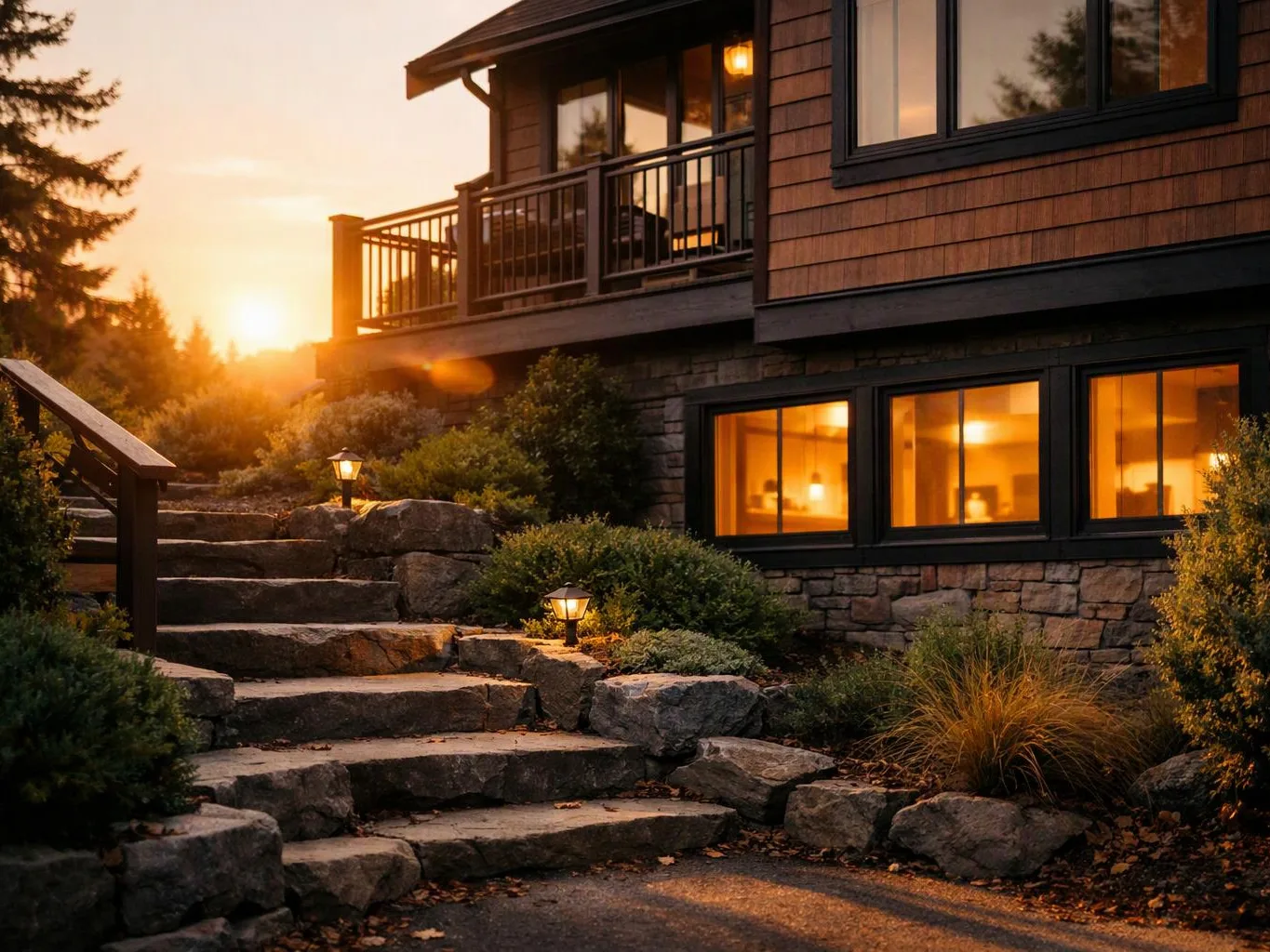 Sunset lights a stone path beside a house with glowing windows and a balcony