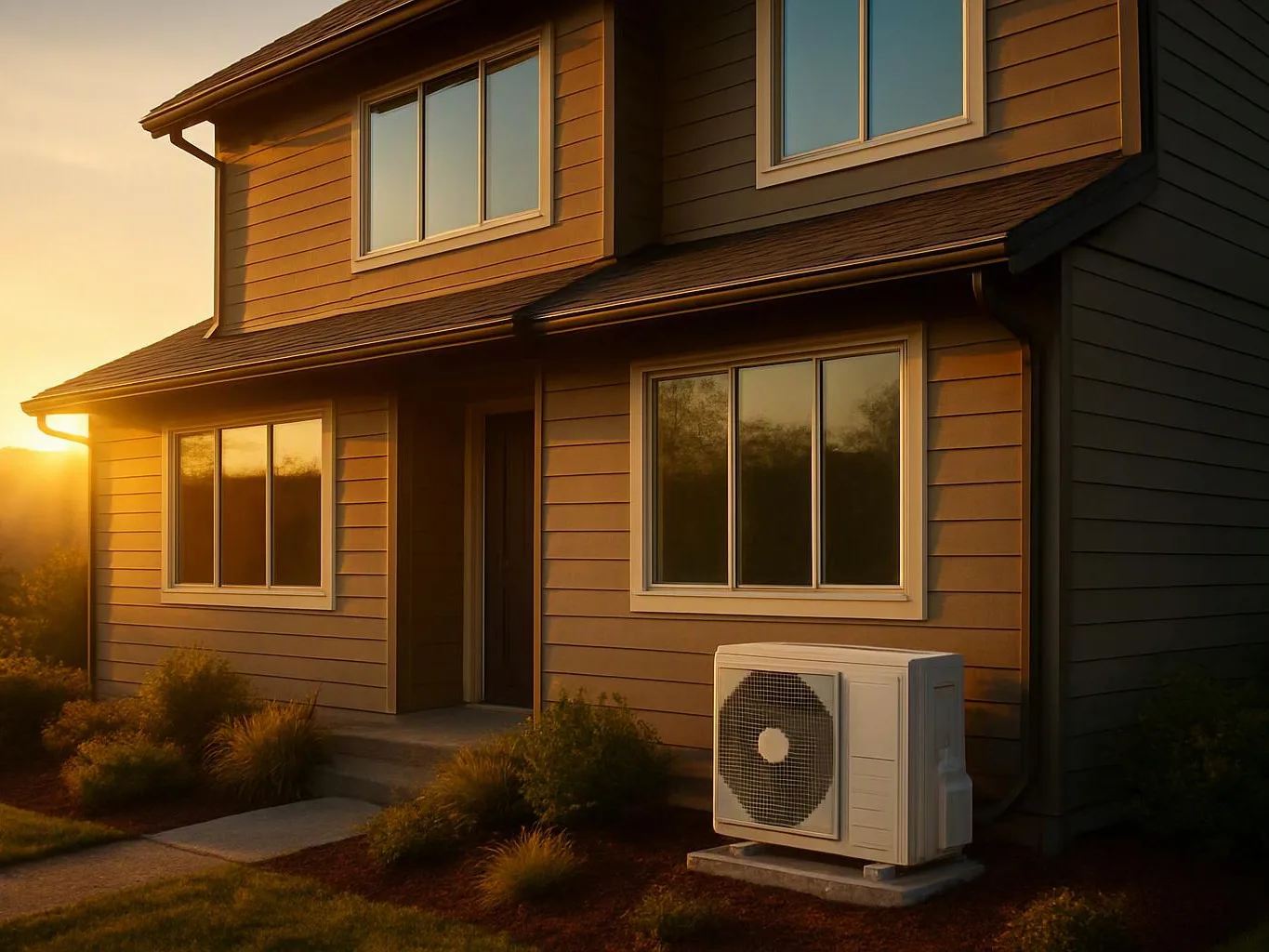 A tan two-story house sits at sunset with an outdoor air conditioner beside the front wall