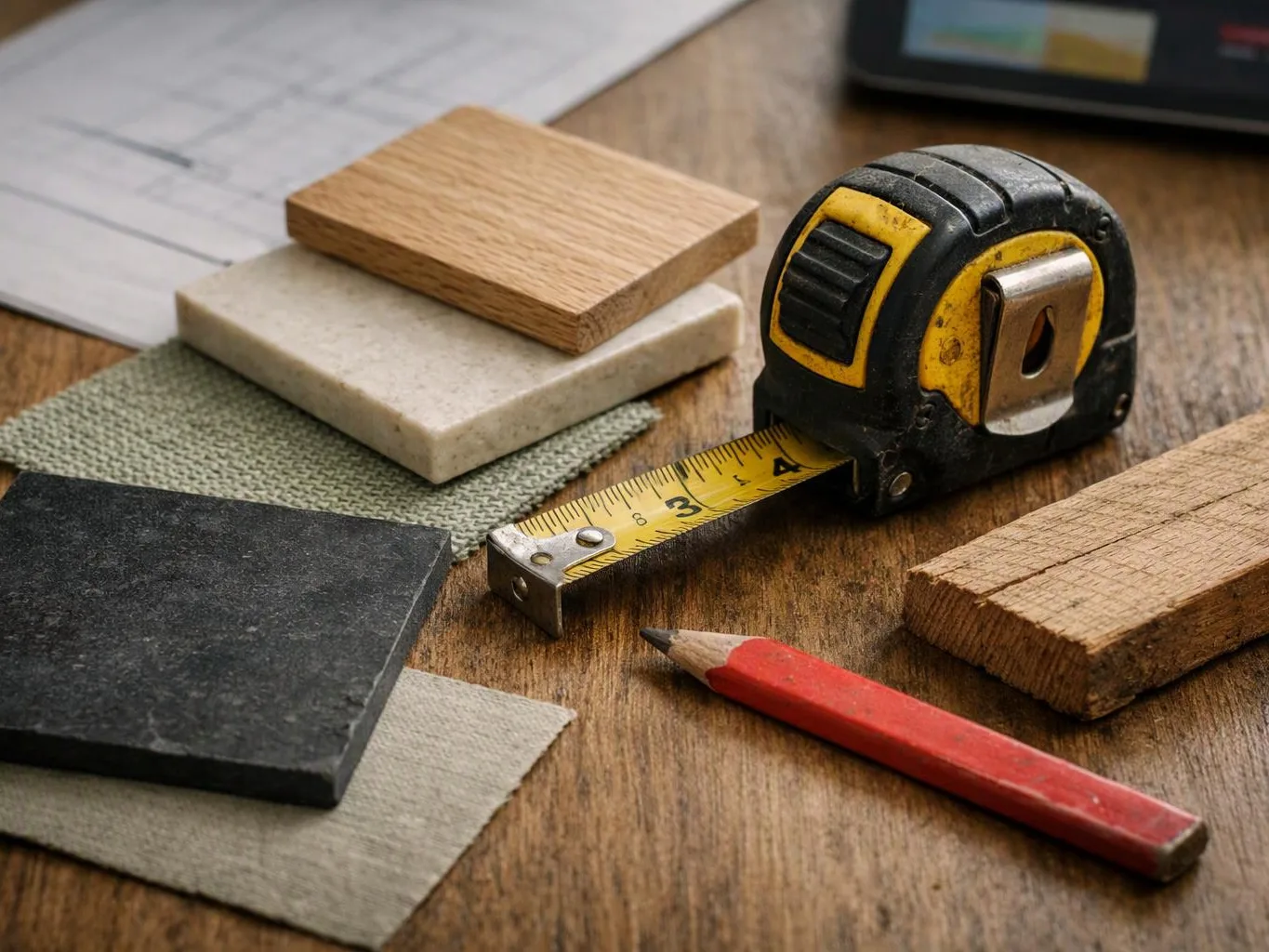 A tape measure, pencil, and stacked wood and tile samples lie on a wooden table