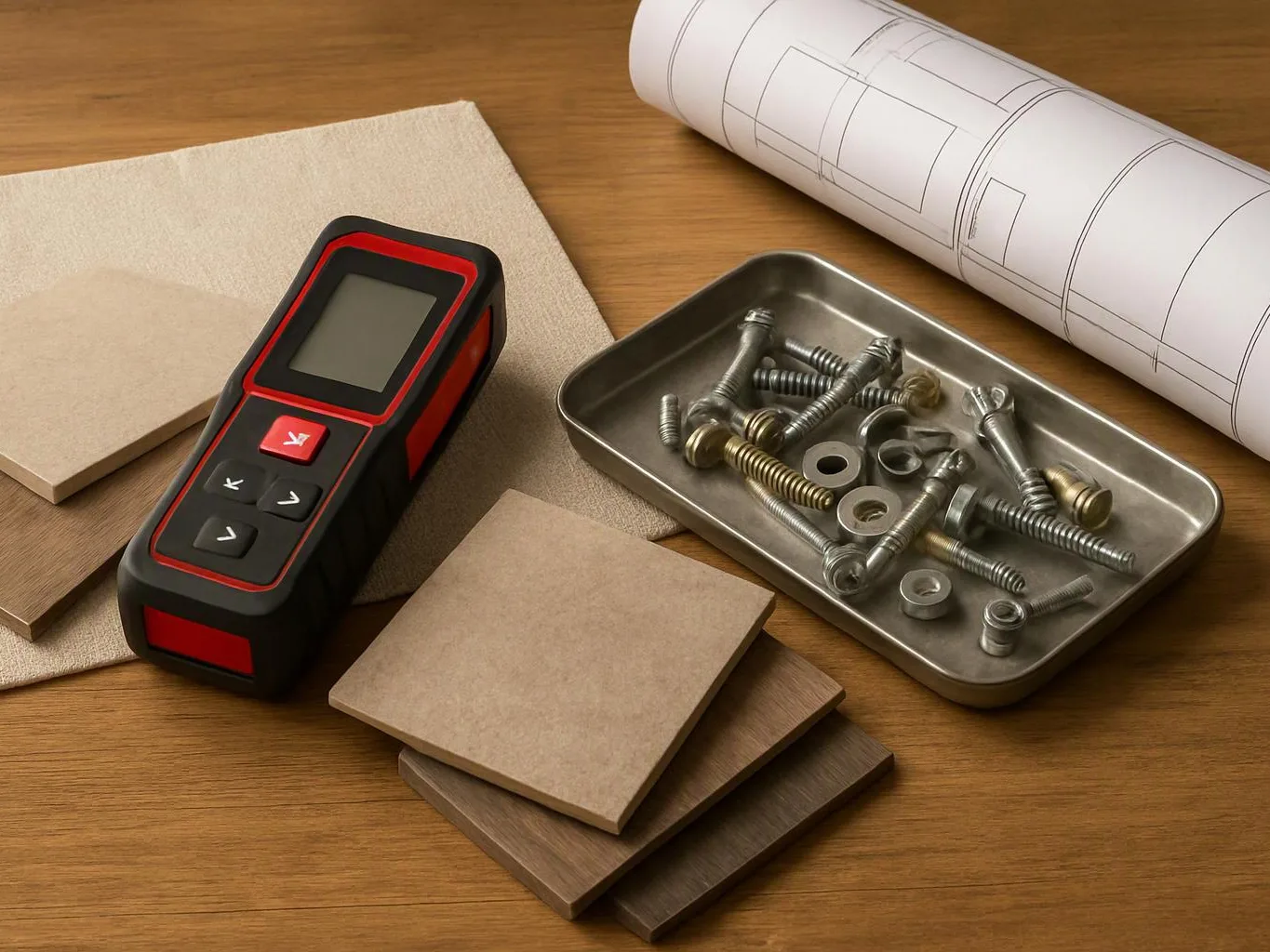 A tape measure, screws, wood samples, and a rolled floor plan sit on a wooden worktable