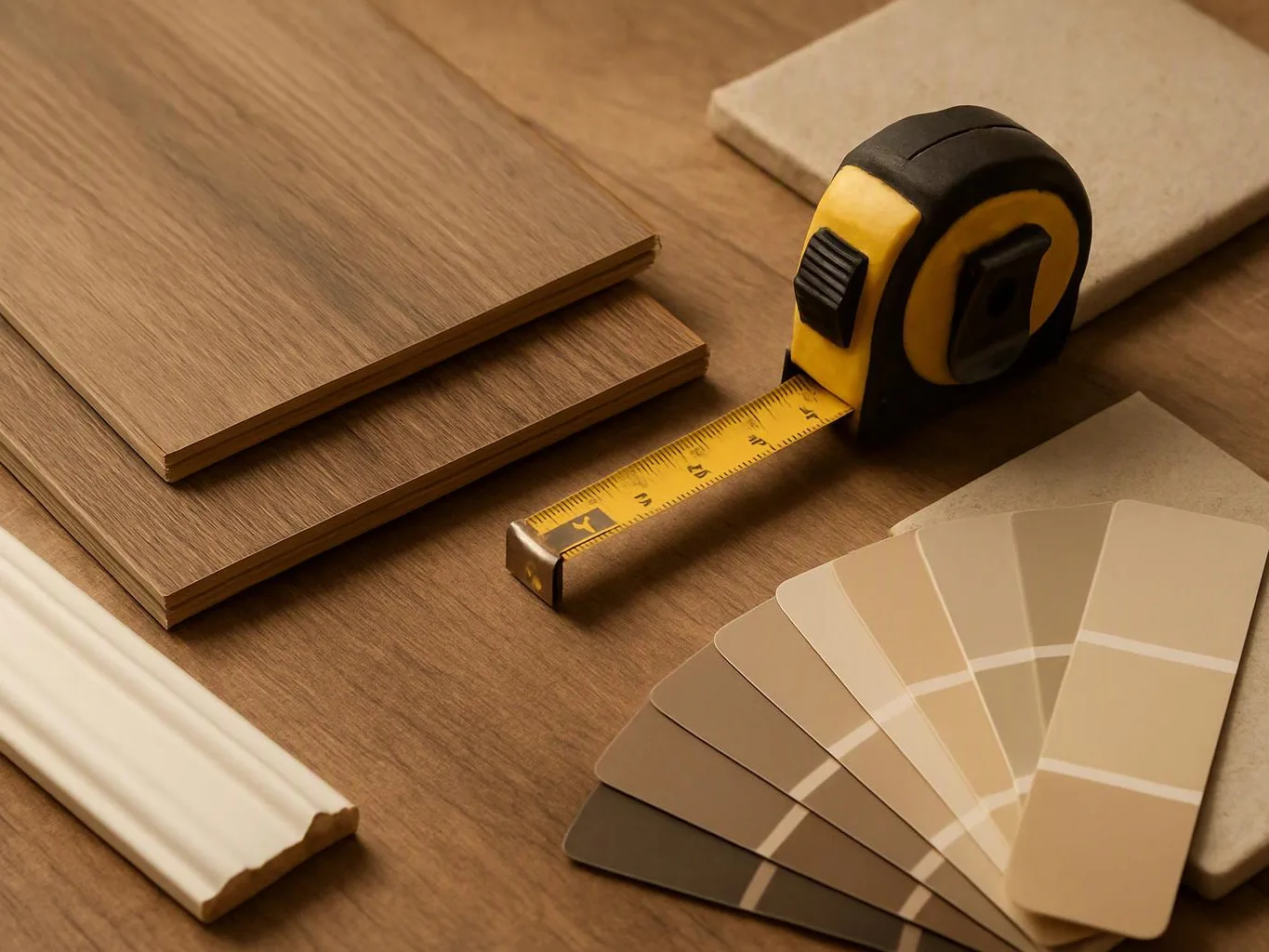 Tape measure, wood samples, and beige paint swatches arranged on a wooden surface