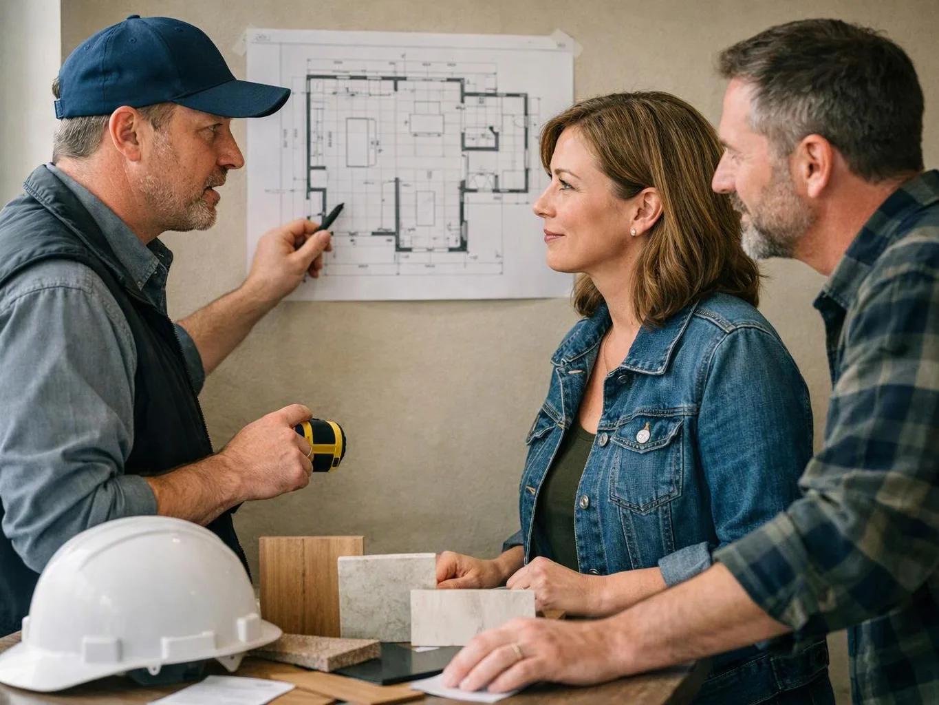Three adults discuss a floor plan while holding a tape measure and sample tiles in a room