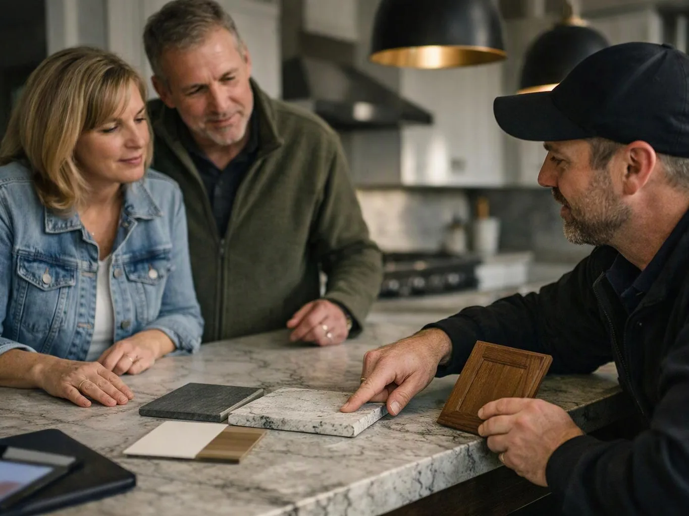 Three adults examine stone and wood samples across a kitchen island in a modern kitchen