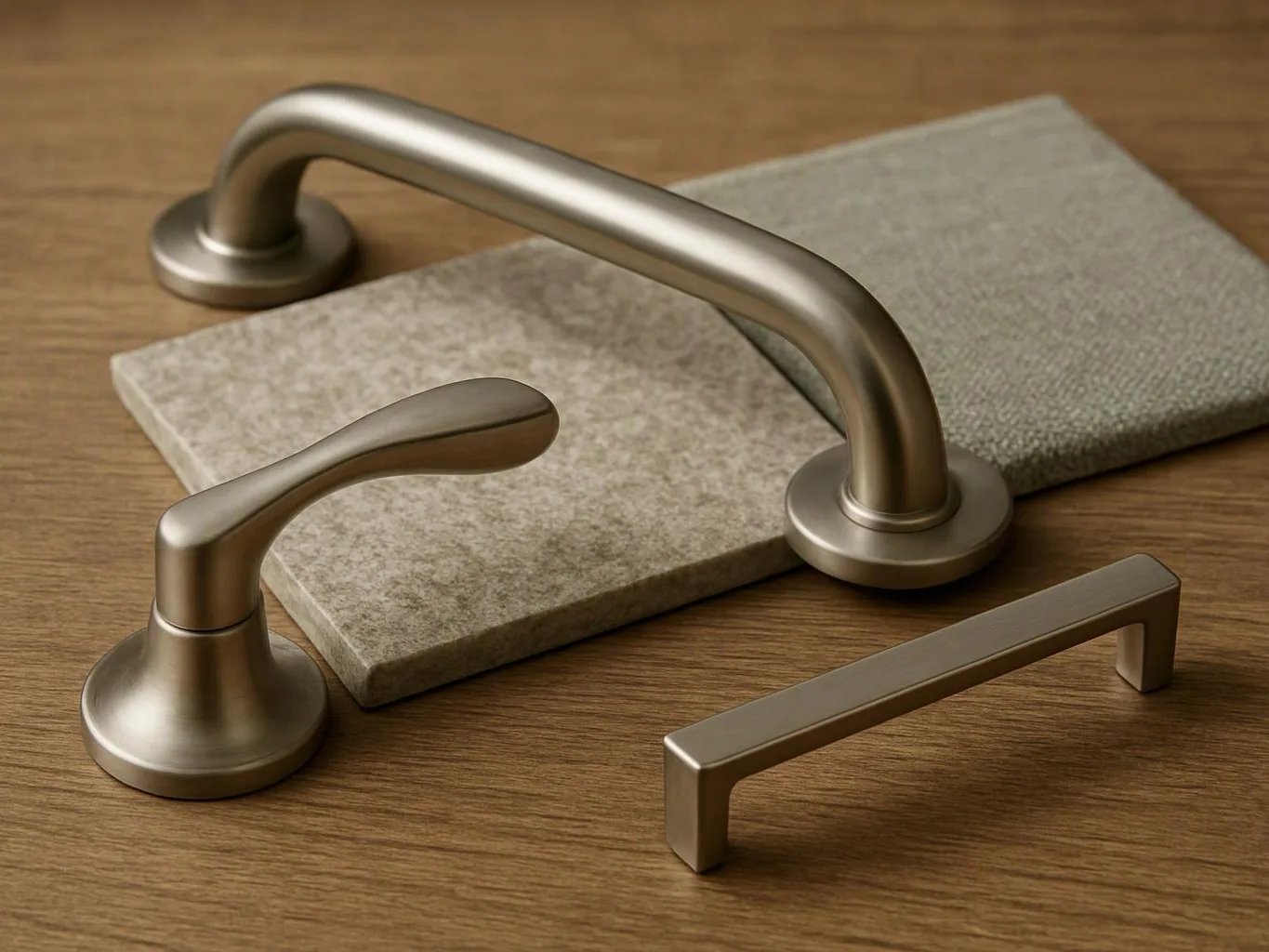 Three brushed metal cabinet handles rest on wood beside two sample tiles