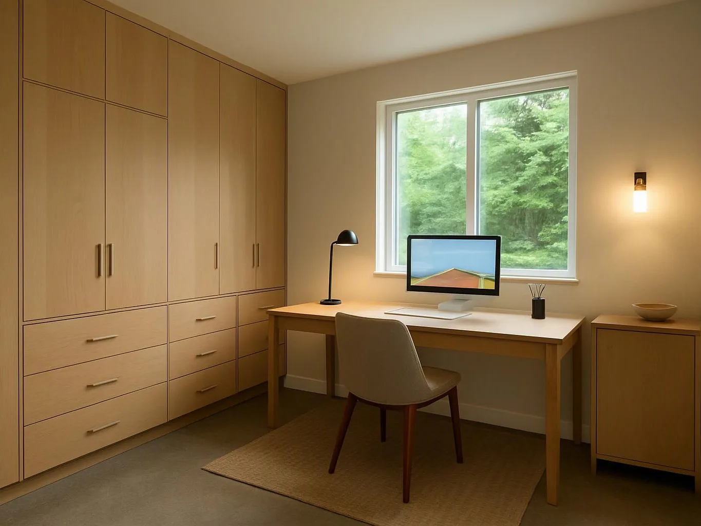 A tidy home office shows a wooden desk, computer, chair, lamp, and large cabinets beside a window