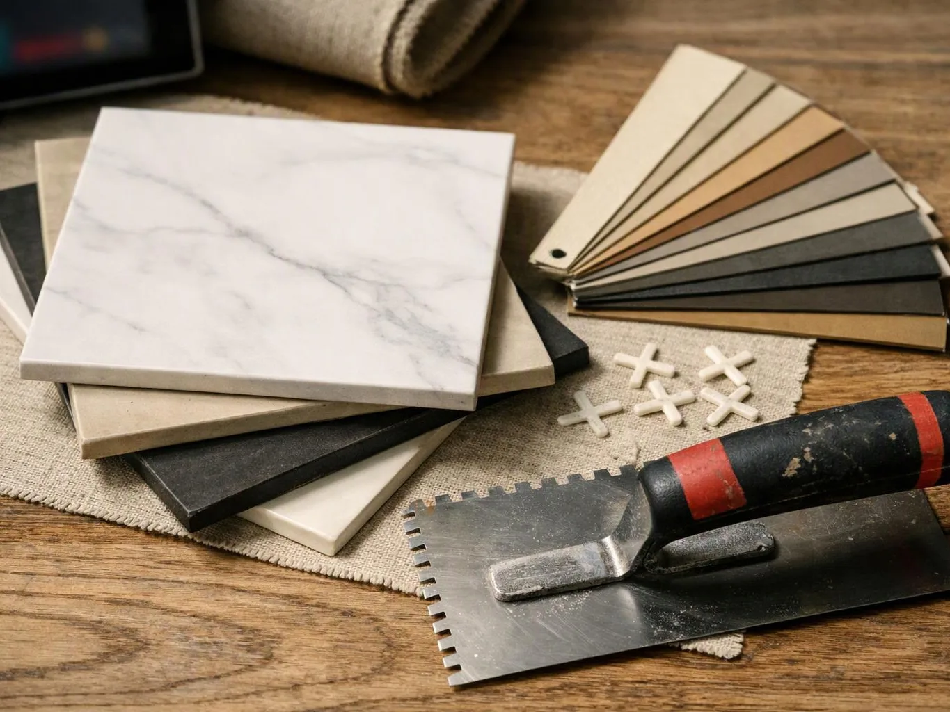 Tile samples, a color fan, spacers, and a trowel sit on a wooden work surface