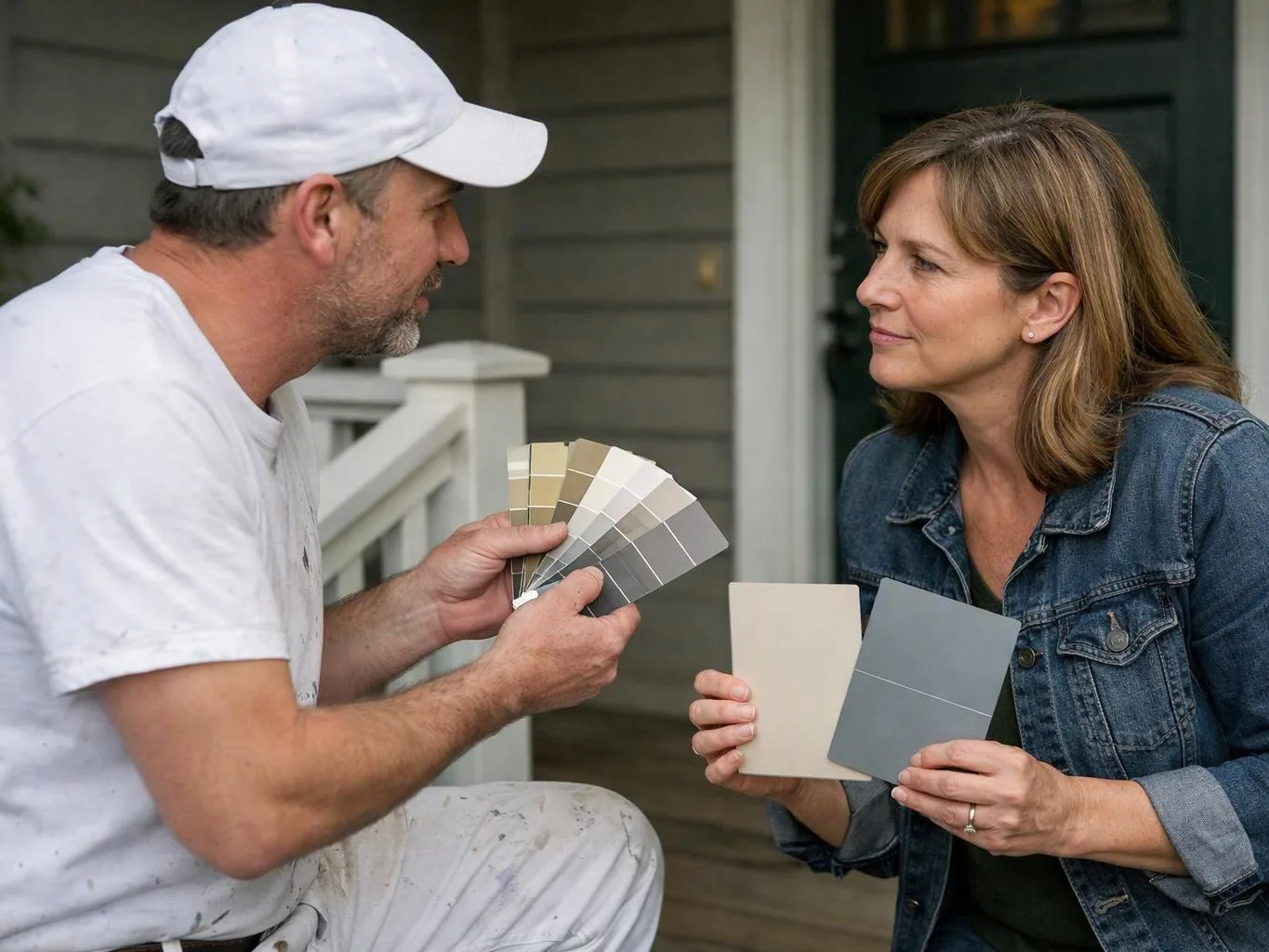 Two adults compare paint swatches on a porch, with the man holding a fan of color samples and the woman holding two cards