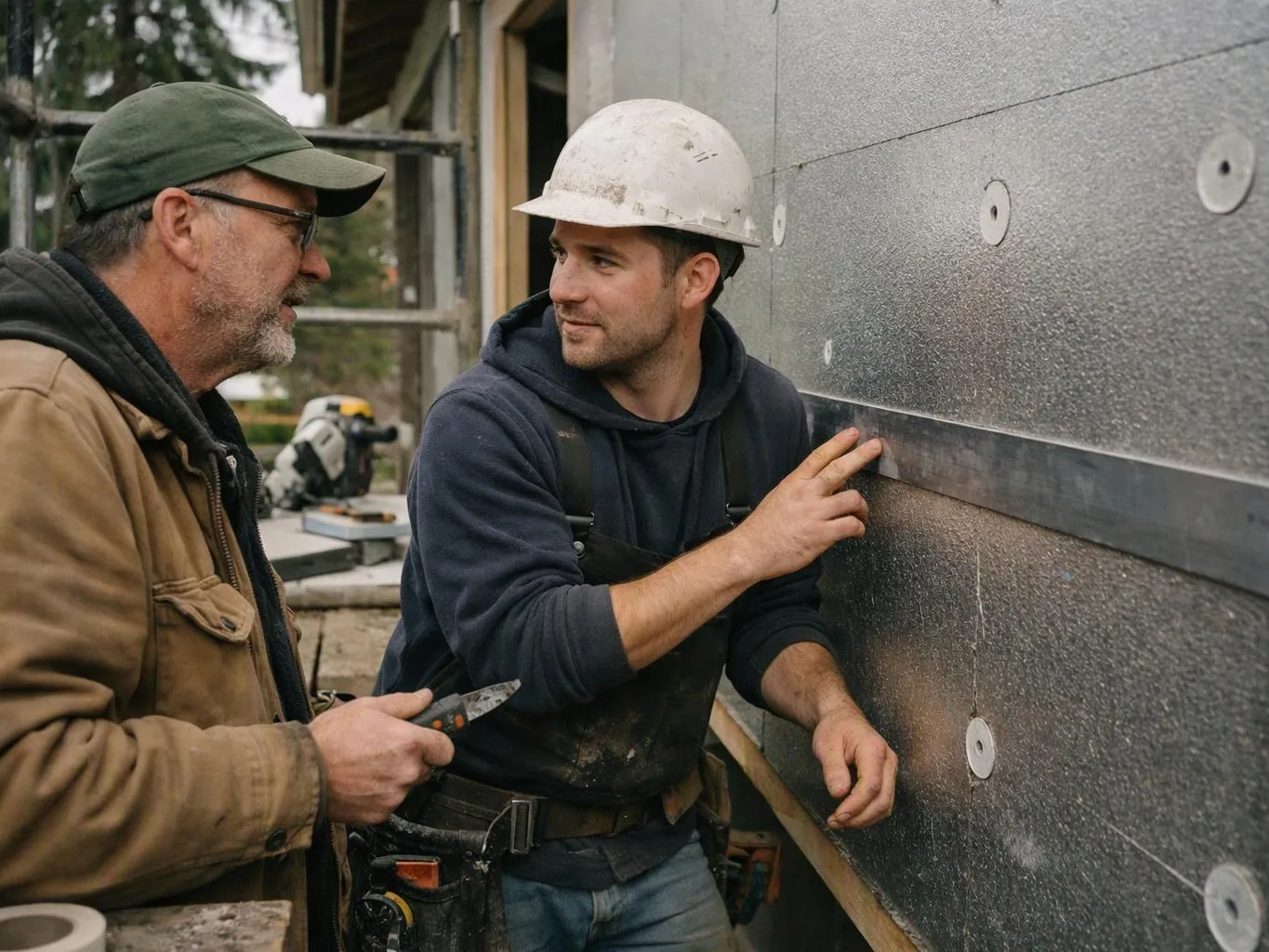 Two construction workers discuss a wall panel, one pointing at a seam while holding a knife outdoors