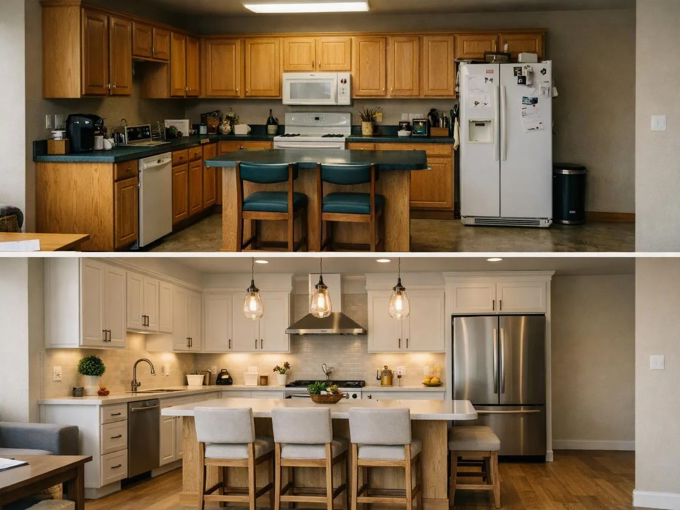 Two kitchen interiors are stacked one above the other, showing a dated room above and a bright modern room below
