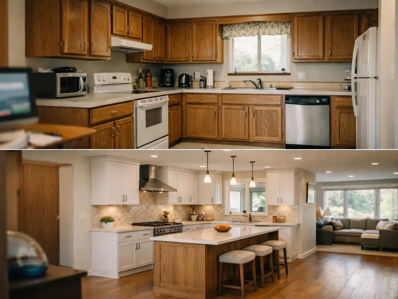 Two kitchens are shown, one with wood cabinets and one with white cabinets, islands, and an adjoining living room
