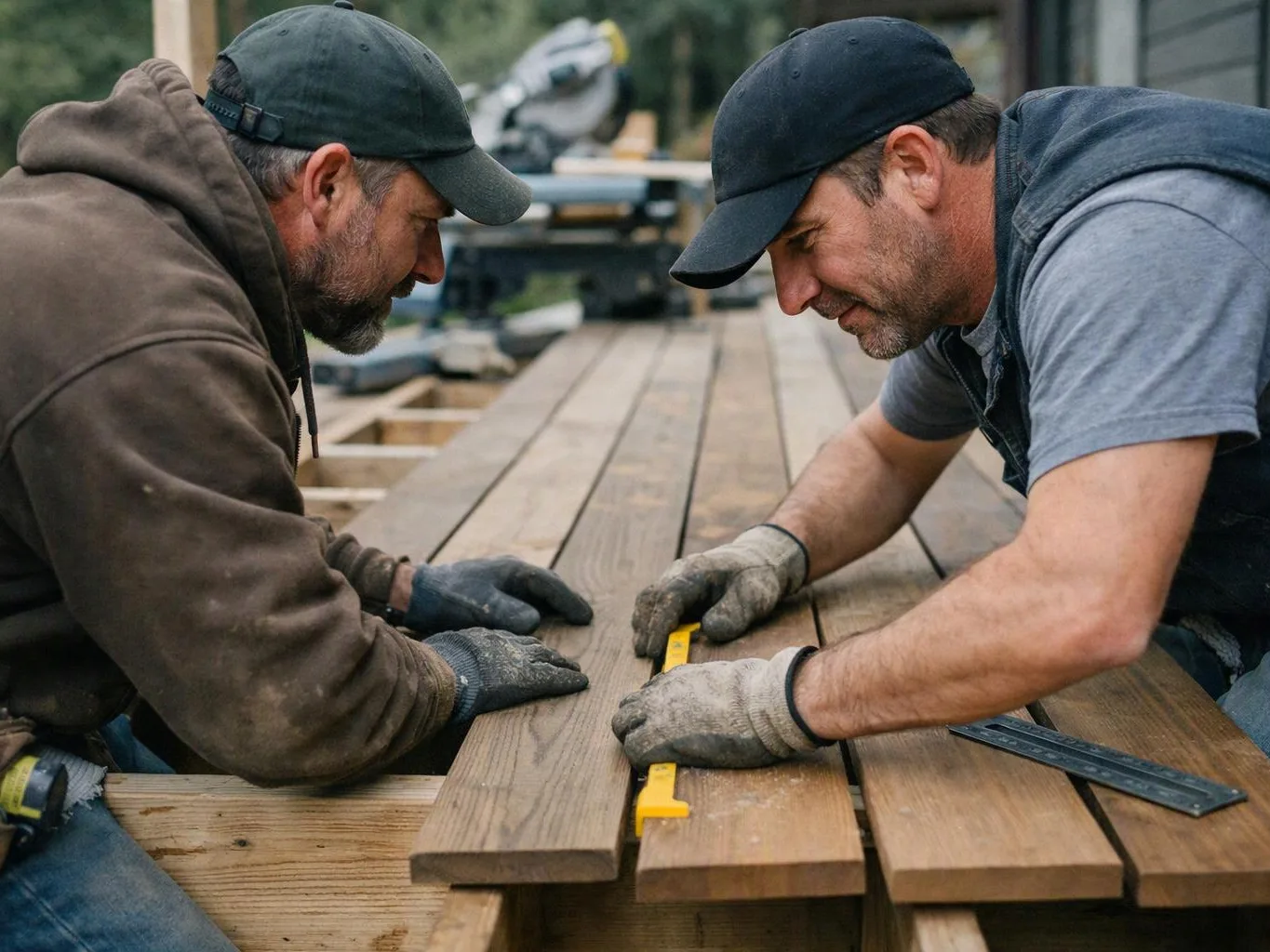 Two men in caps measure and align wooden boards on an outdoor deck under construction