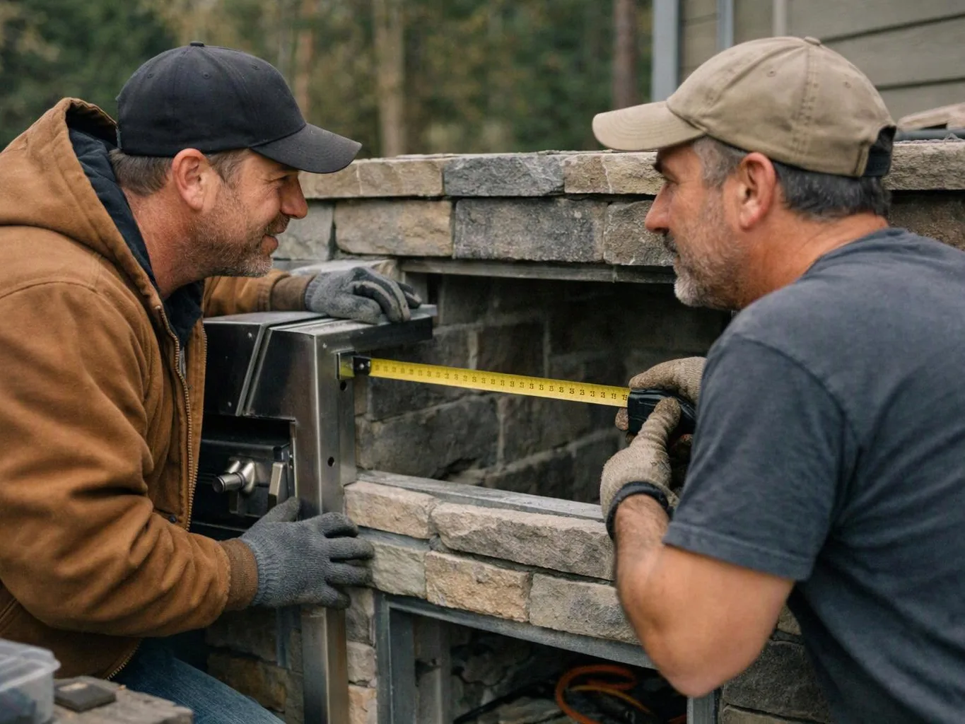 Two men in caps measure a stone fireplace opening with a tape measure outdoors