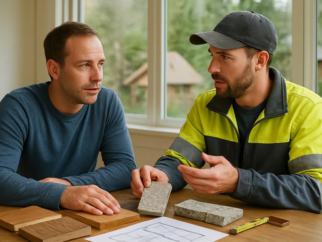 Two men discuss stone and wood samples at a table beside a house plan near a window