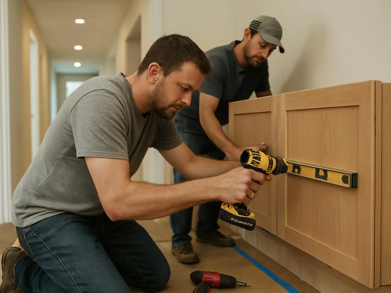 Two men install a wooden cabinet in a hallway, one kneeling with a drill and level