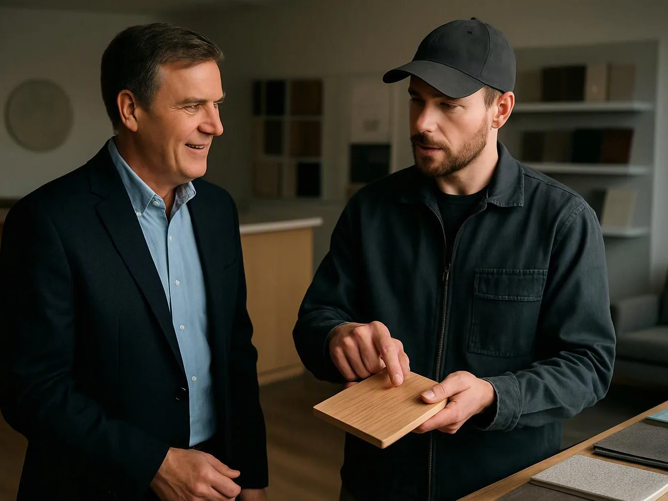 Two men stand indoors, one pointing at a wood sample while the other smiles and listens