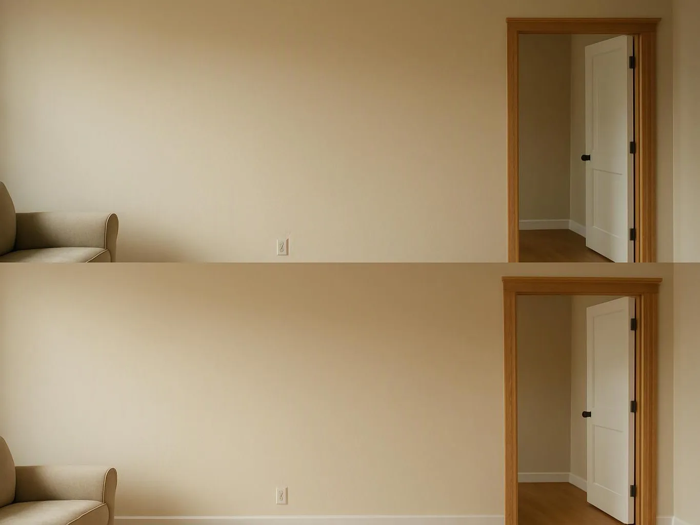 Two nearly identical room photos show a beige wall, a partial chair, and an open doorway with wood trim