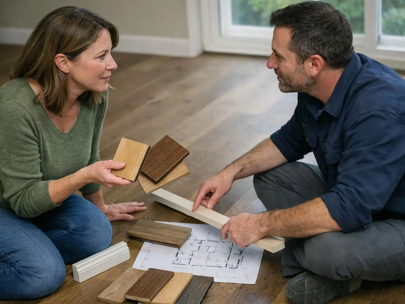 Two people kneel on a wood floor, comparing flooring samples and a floor plan in a bright room