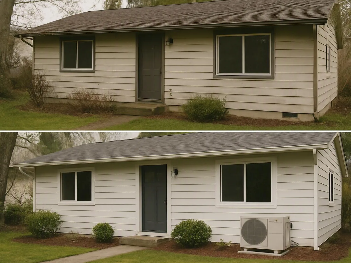 Two small white houses appear, one before and one after exterior updates, with new windows and landscaping shown below