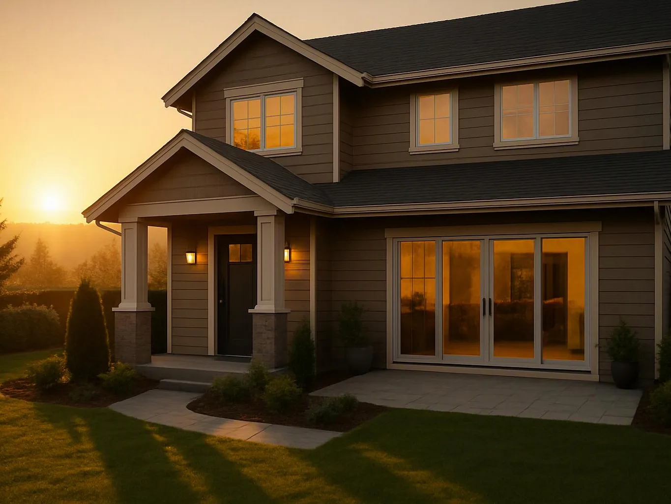 A two-story house with glowing windows sits in warm sunset light beside a neat front lawn