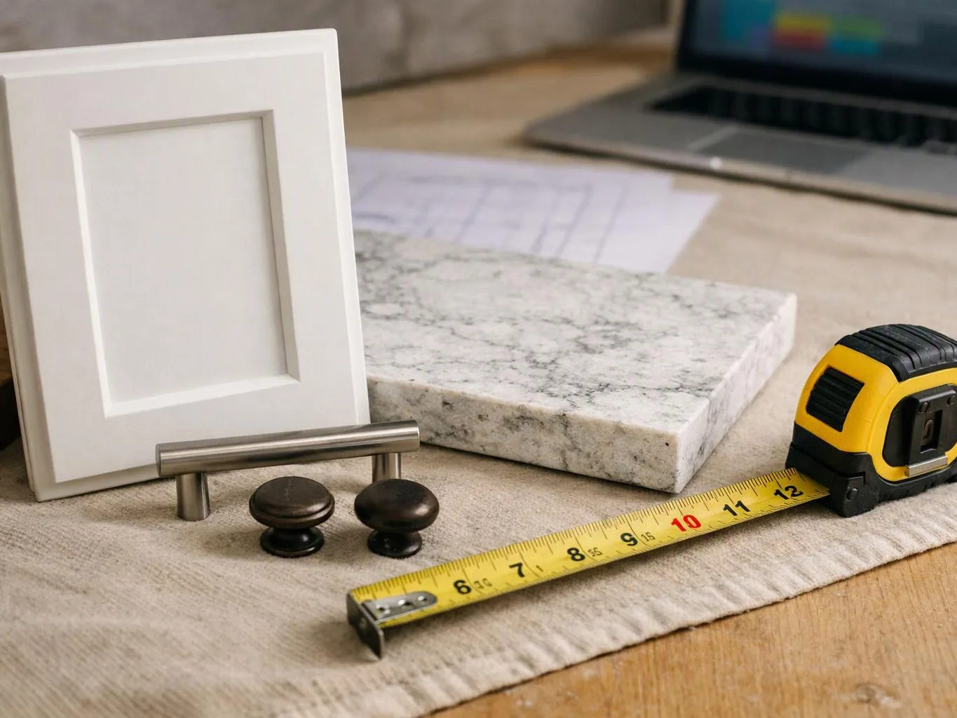 A white cabinet door sample, marble slab, knobs, tape measure, and laptop sit on a worktable