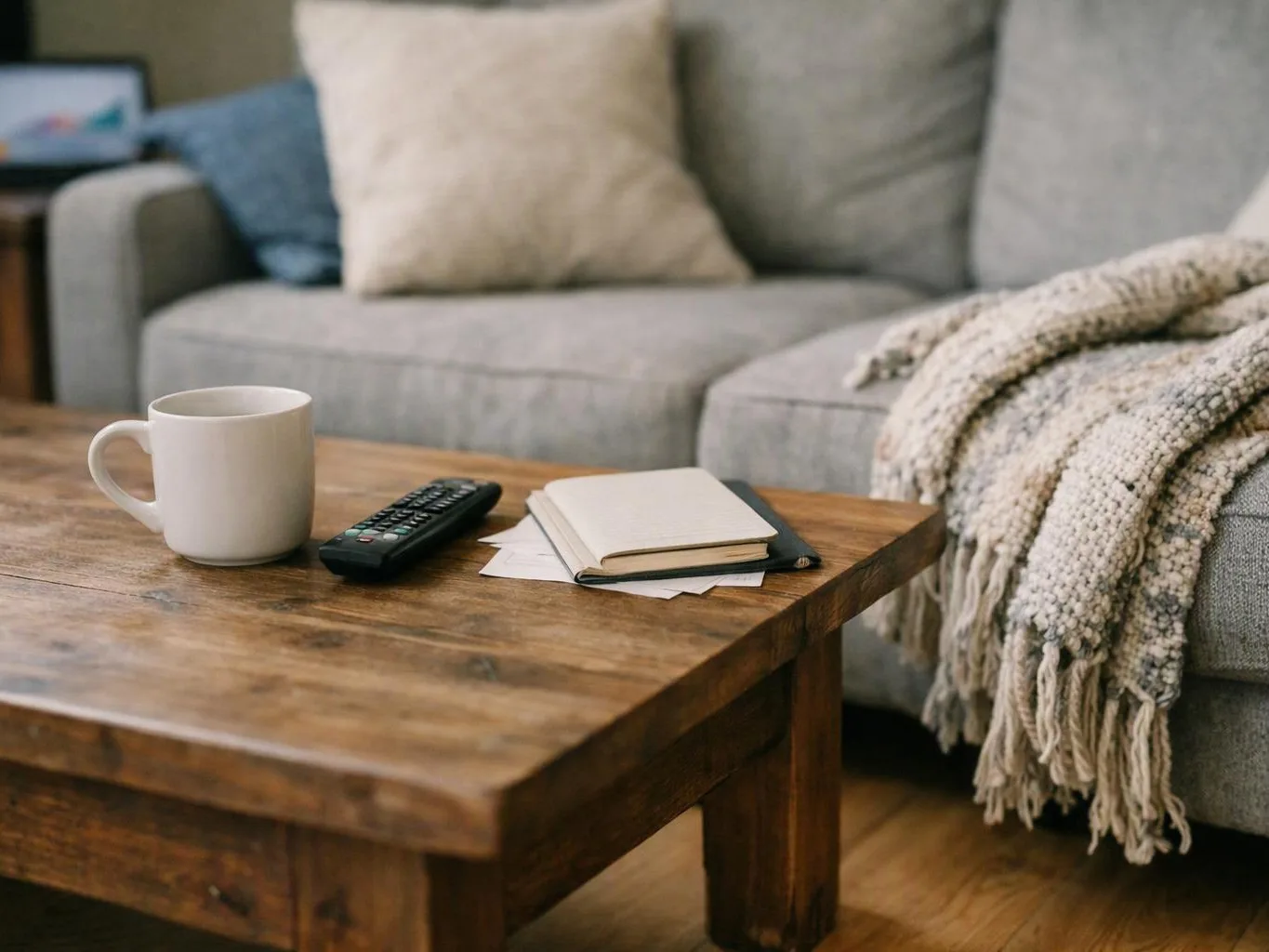 A white mug, remote, and notebooks sit on a wooden coffee table beside a gray sofa with pillows and a blanket