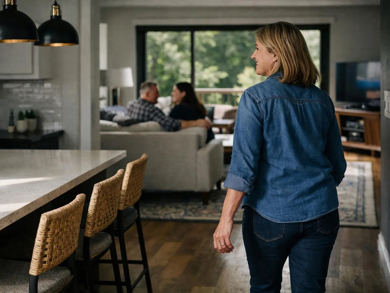 A woman in a denim shirt walks through a kitchen toward a living room where two people sit on a couch