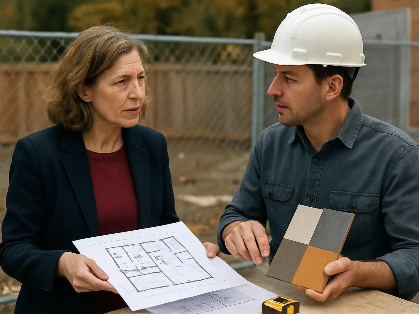 A woman and a man in a hard hat review floor plans and material samples outdoors by a fence