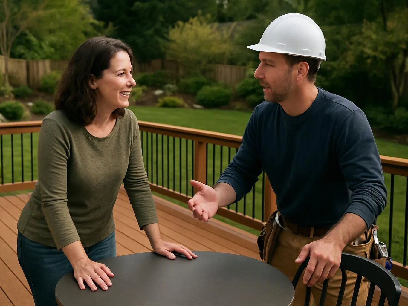 A woman and a man in a hard hat talk beside a round table on a wooden deck with a green yard behind them