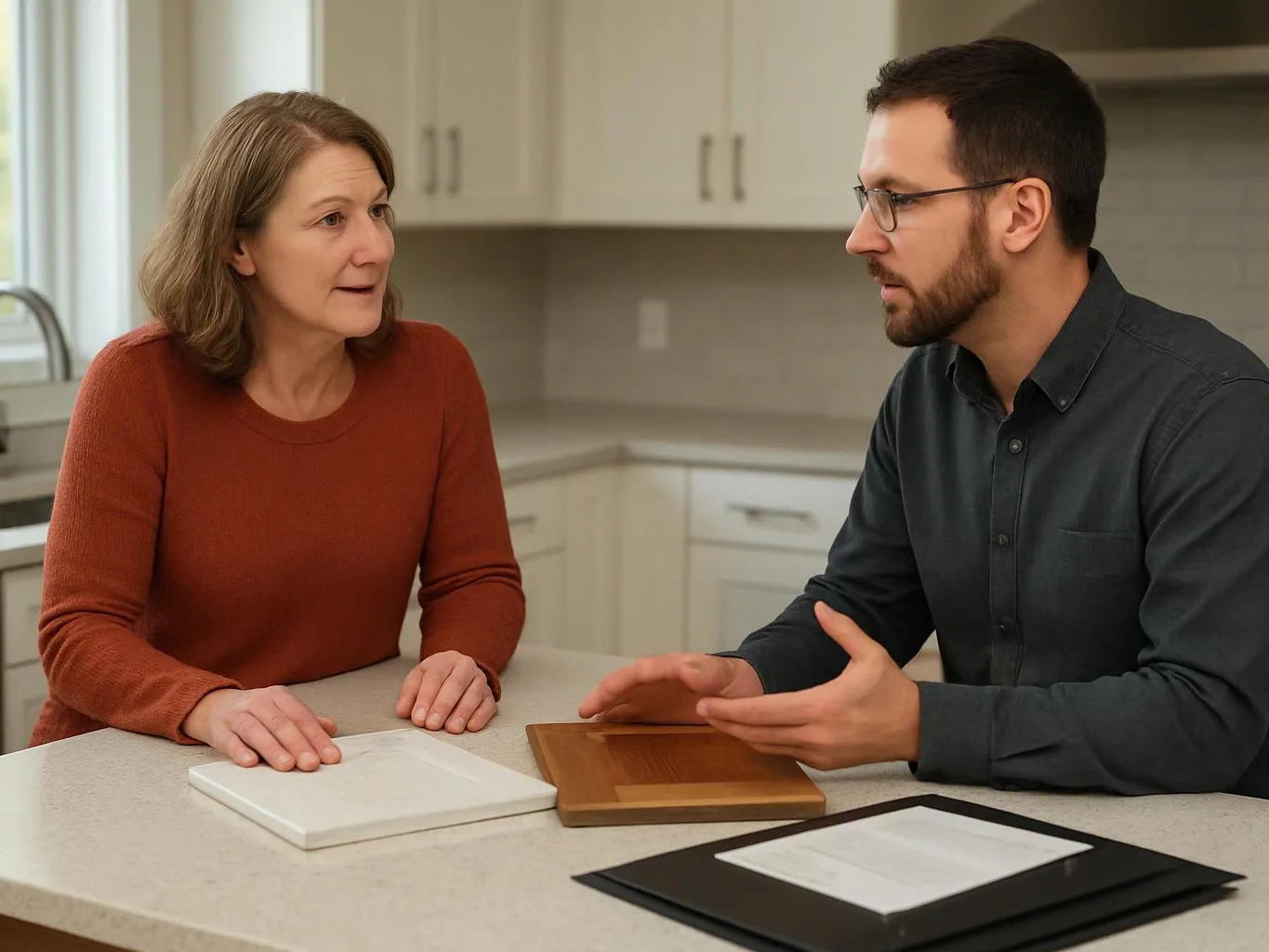 A woman and man talk at a kitchen counter, with sample boards laid out in front of them
