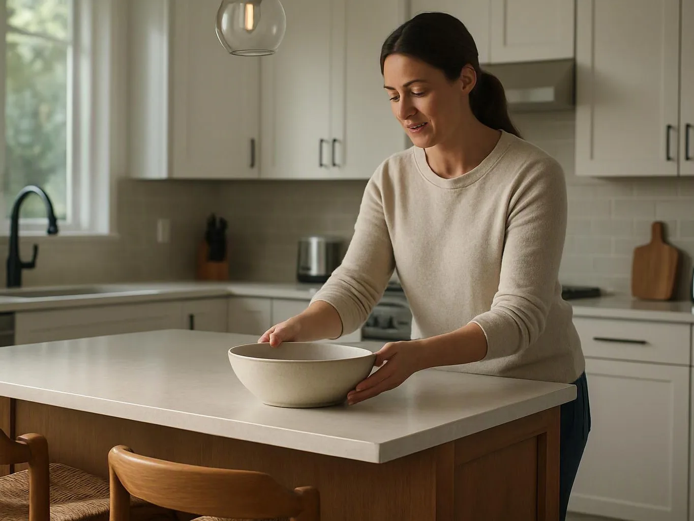A woman places a white bowl on a kitchen island in a bright modern kitchen