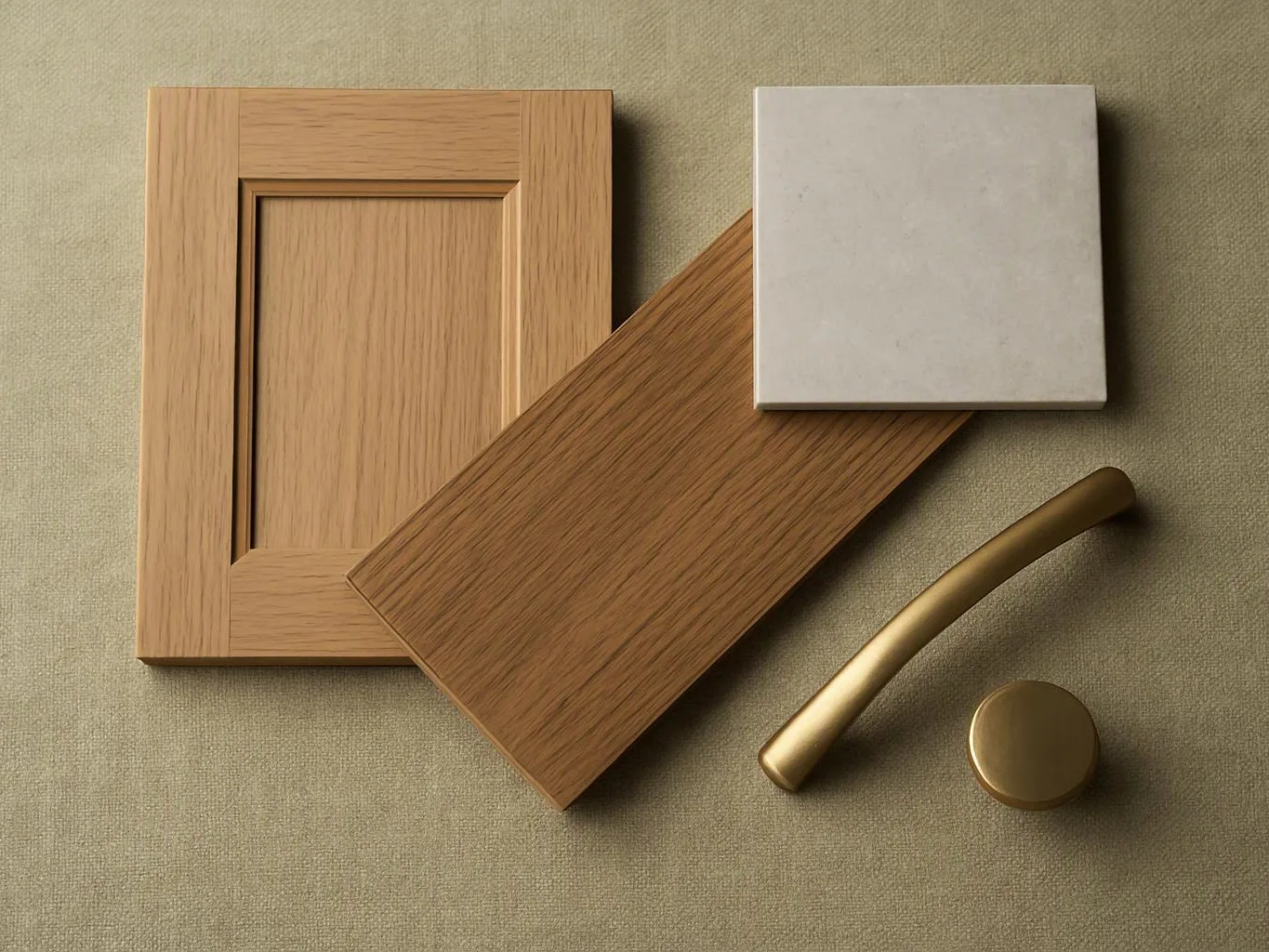 Wood cabinet door samples, a white tile, and brass handles lie on a textured beige surface