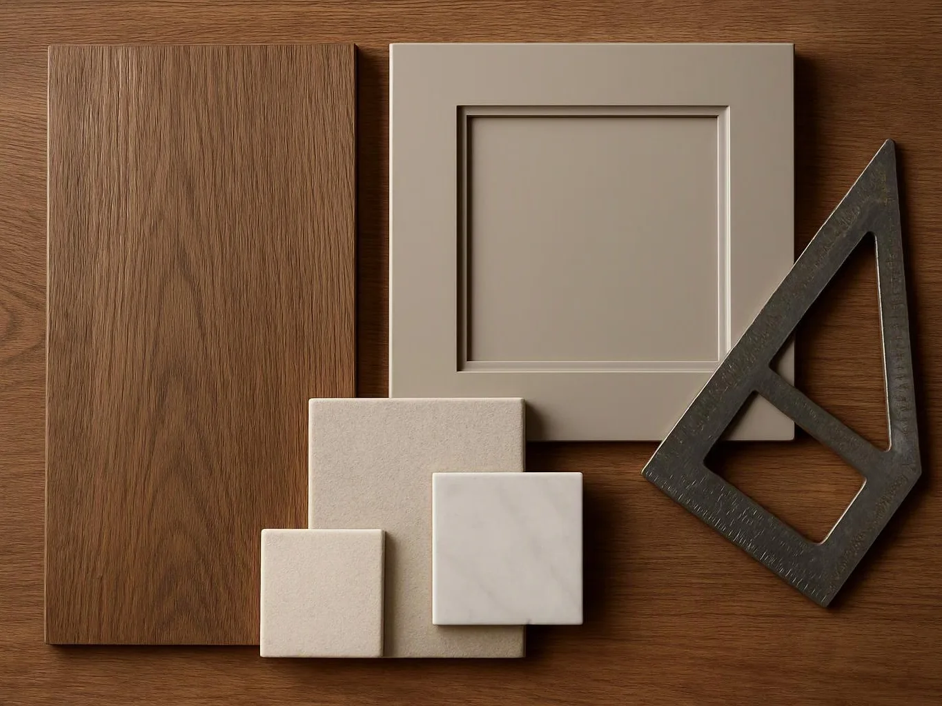 Wood, cabinet panels, tile samples, and a metal square lie arranged on a wooden surface