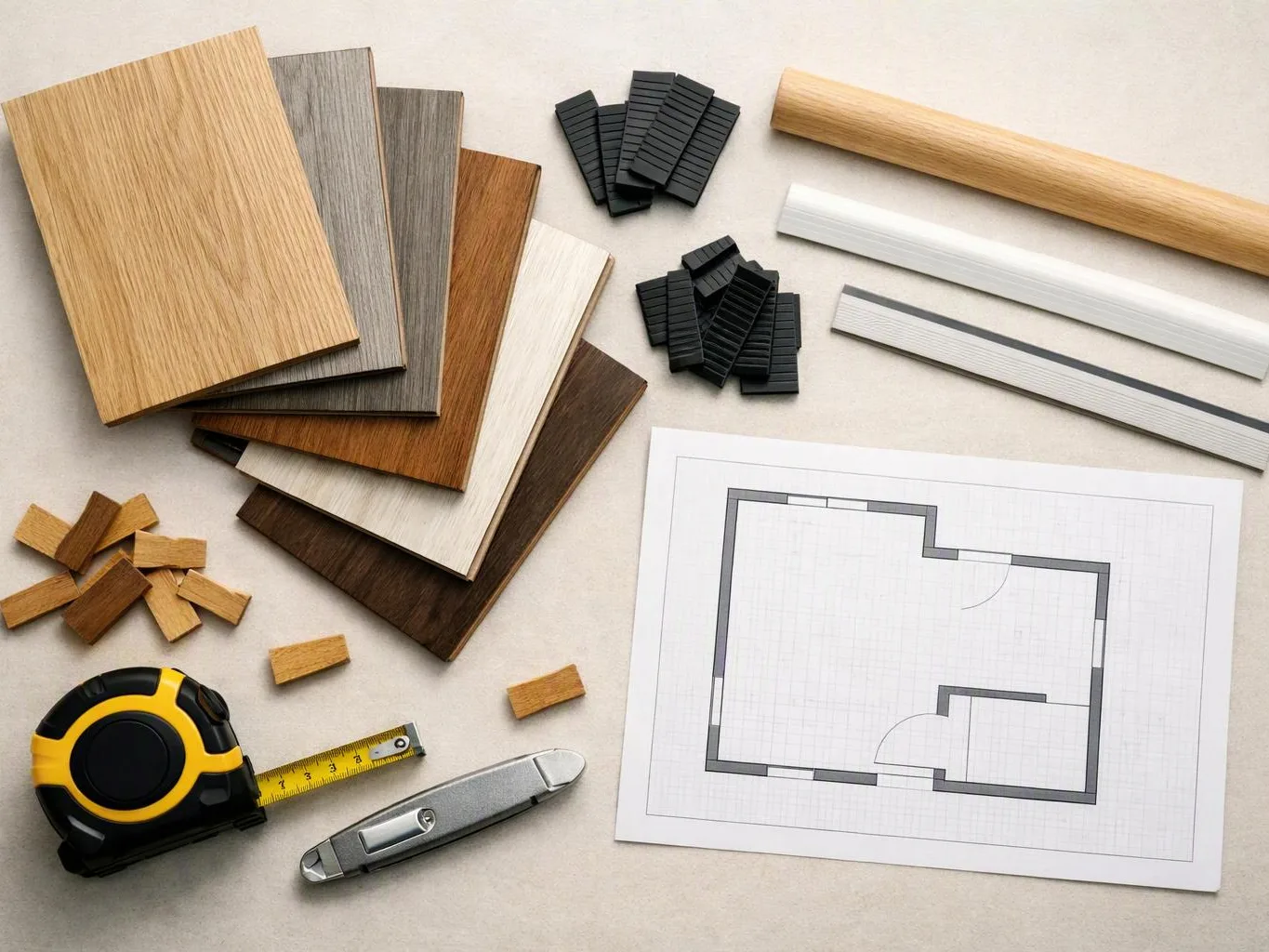 Wood flooring samples, trim pieces, a tape measure, and a floor plan sit on a light work surface