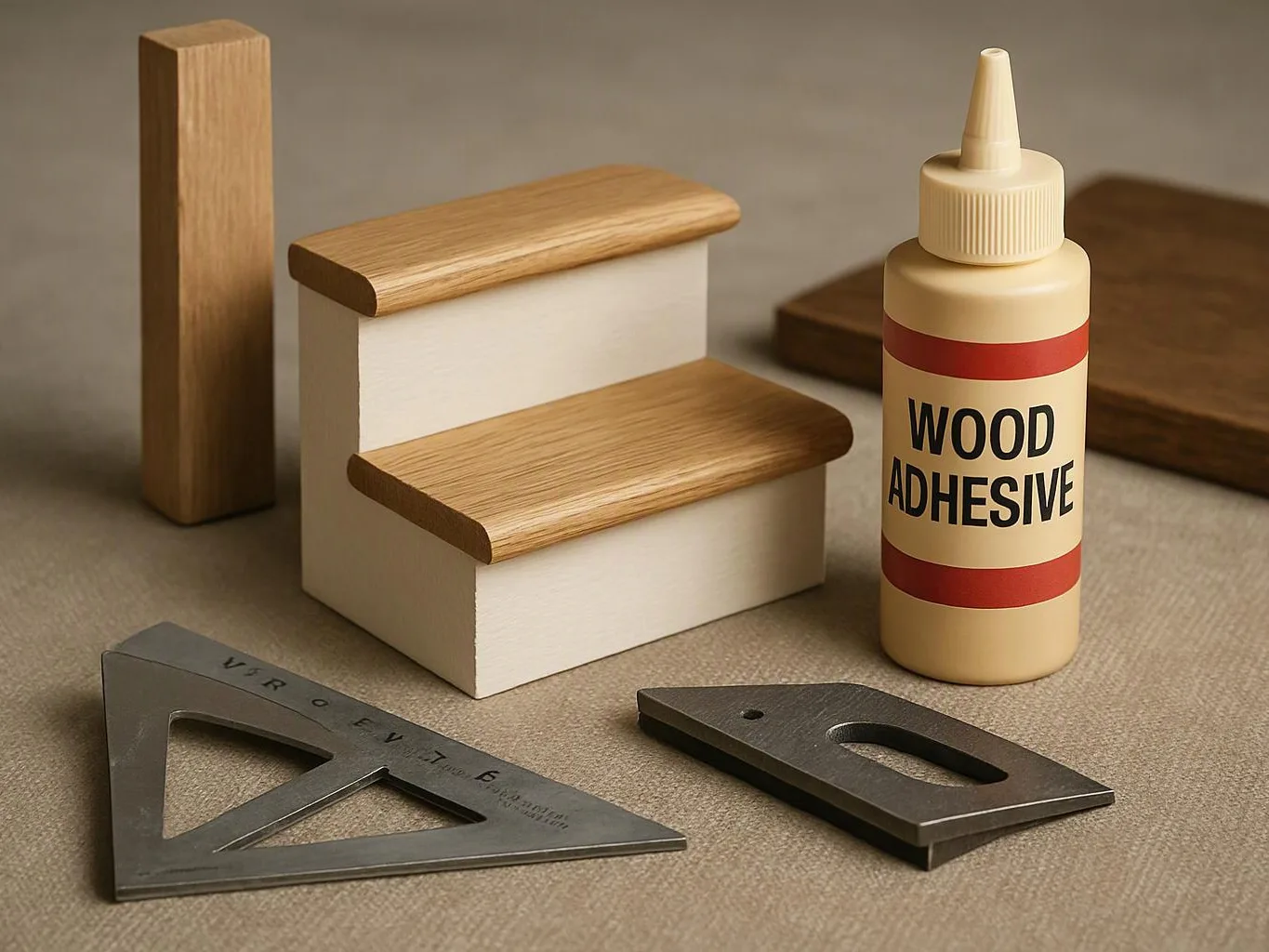 Wood glue bottle, stair-shaped wood blocks, and metal measuring tools arranged on a tabletop