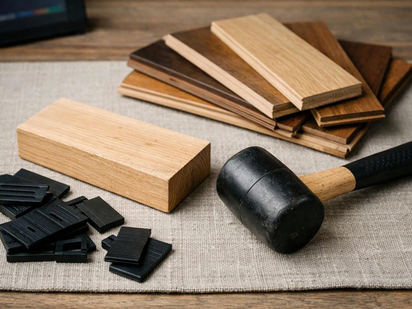 Wood samples, a black mallet, and small black clips rest on a tabletop fabric mat