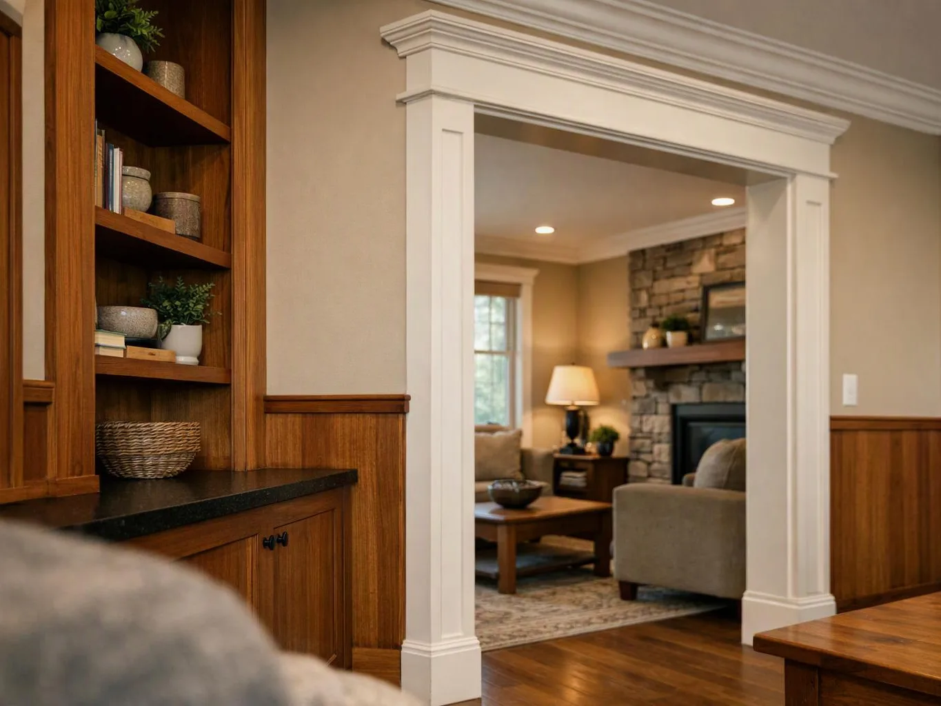Wood shelves and cabinets frame a doorway into a cozy living room with a stone fireplace and lamp